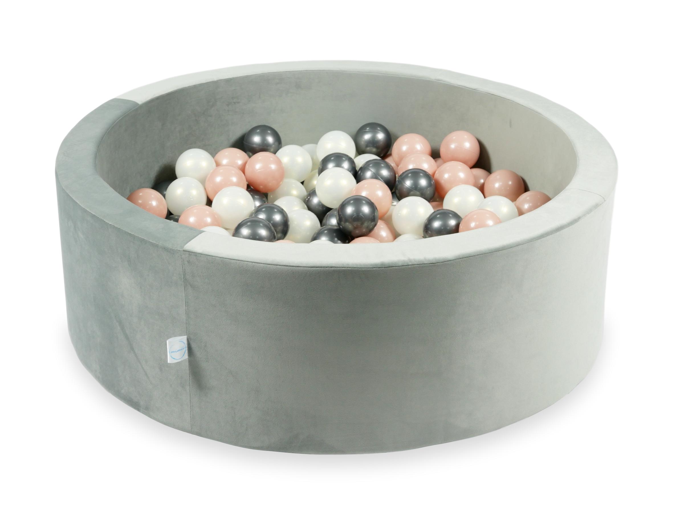 Schaumstoffspielbereich mit Hügel und Pool, grauer Mikrosamt + 100 Bälle (silber, perlmutt, roségold)