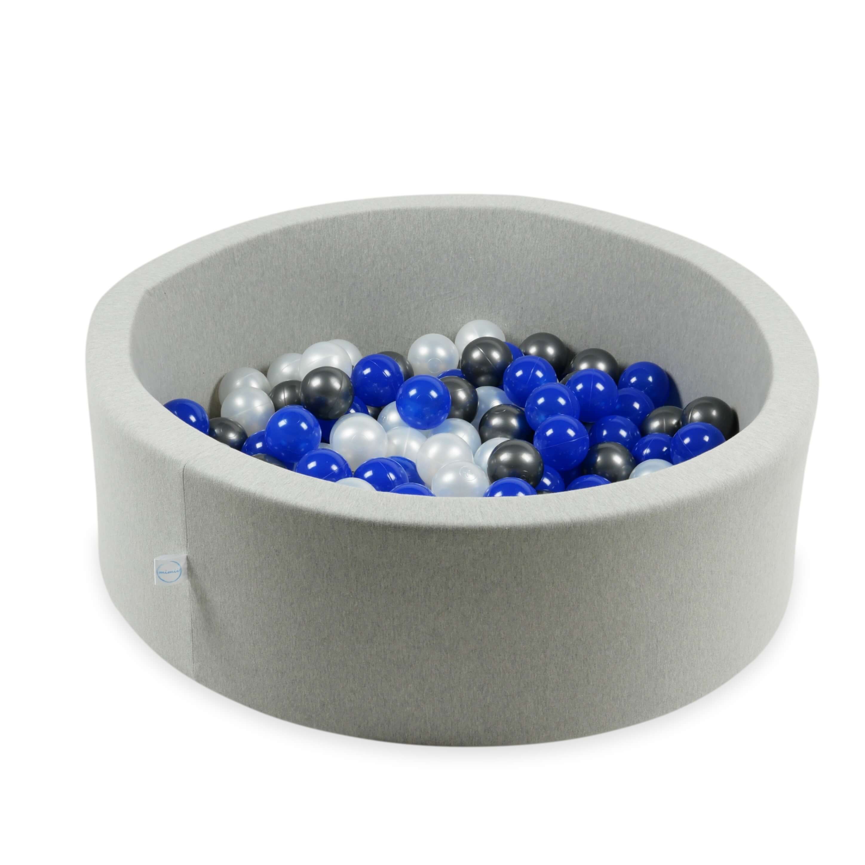 50 Stück Spielbälle mit 7 cm Durchmesser in den Farben Perlmutt, Metallic-Graphit und Blau.