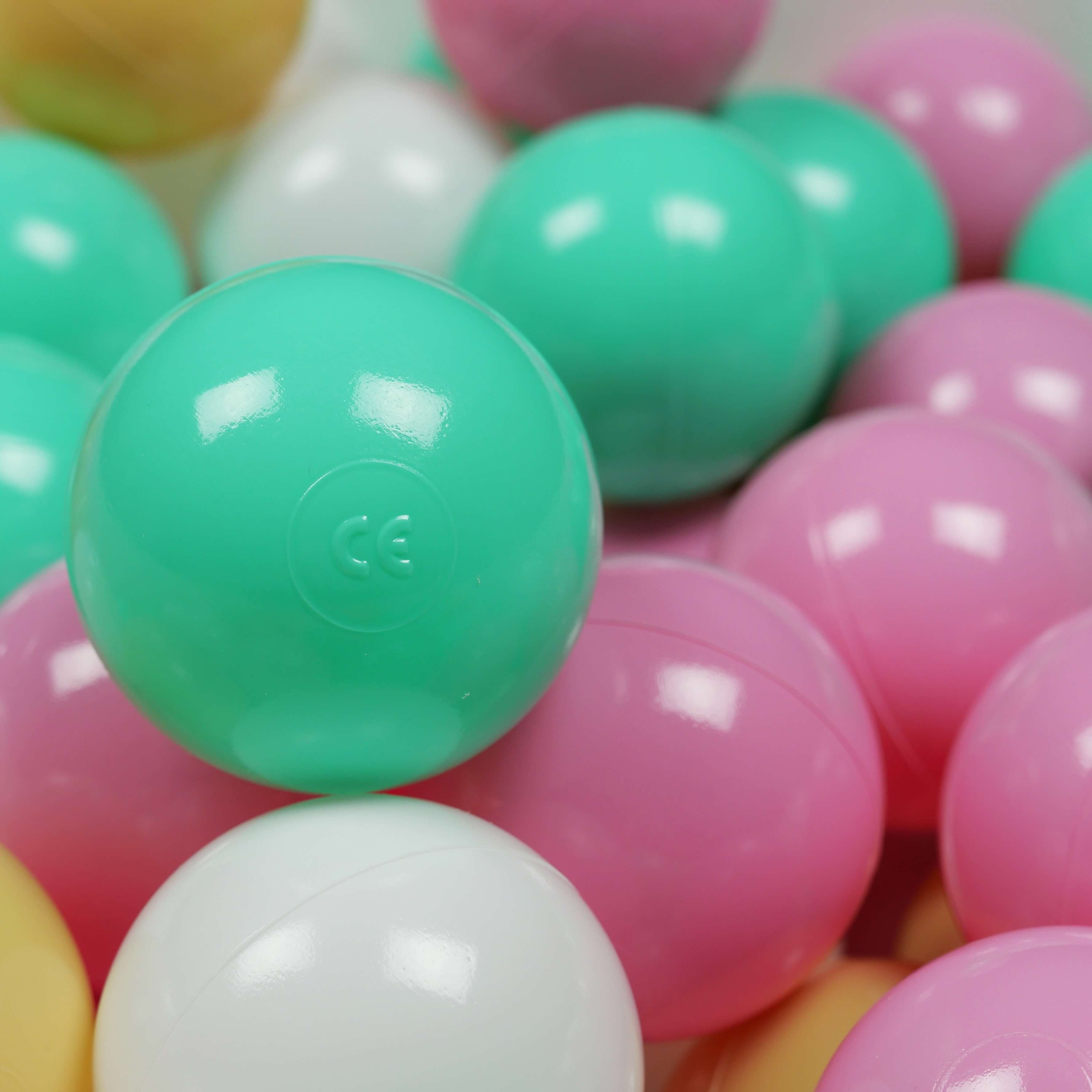 100 Spielbälle mit 7 cm Durchmesser, weiß, mintgrün, beige, puderrosa