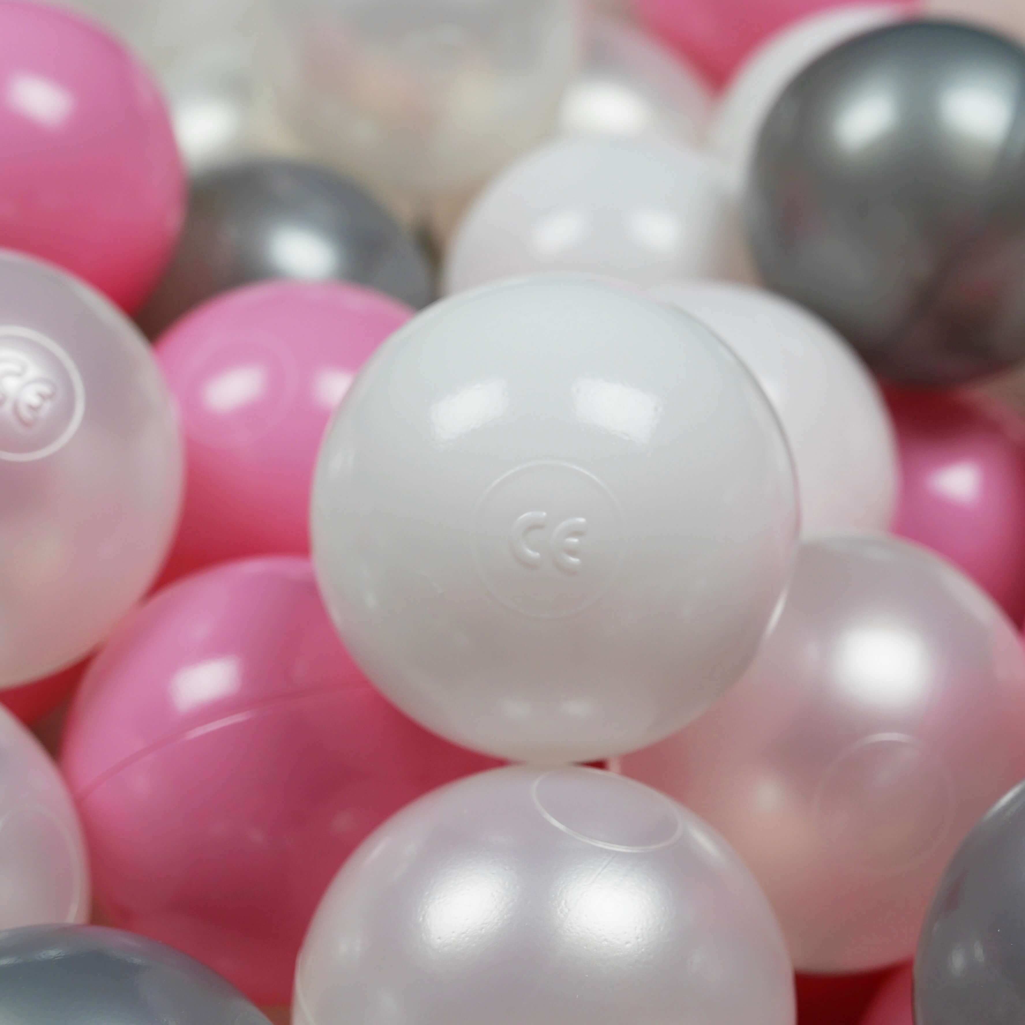 200 Spielbälle mit 7 cm Durchmesser in Weiß, Perlmutt, Silber und Puderrosa