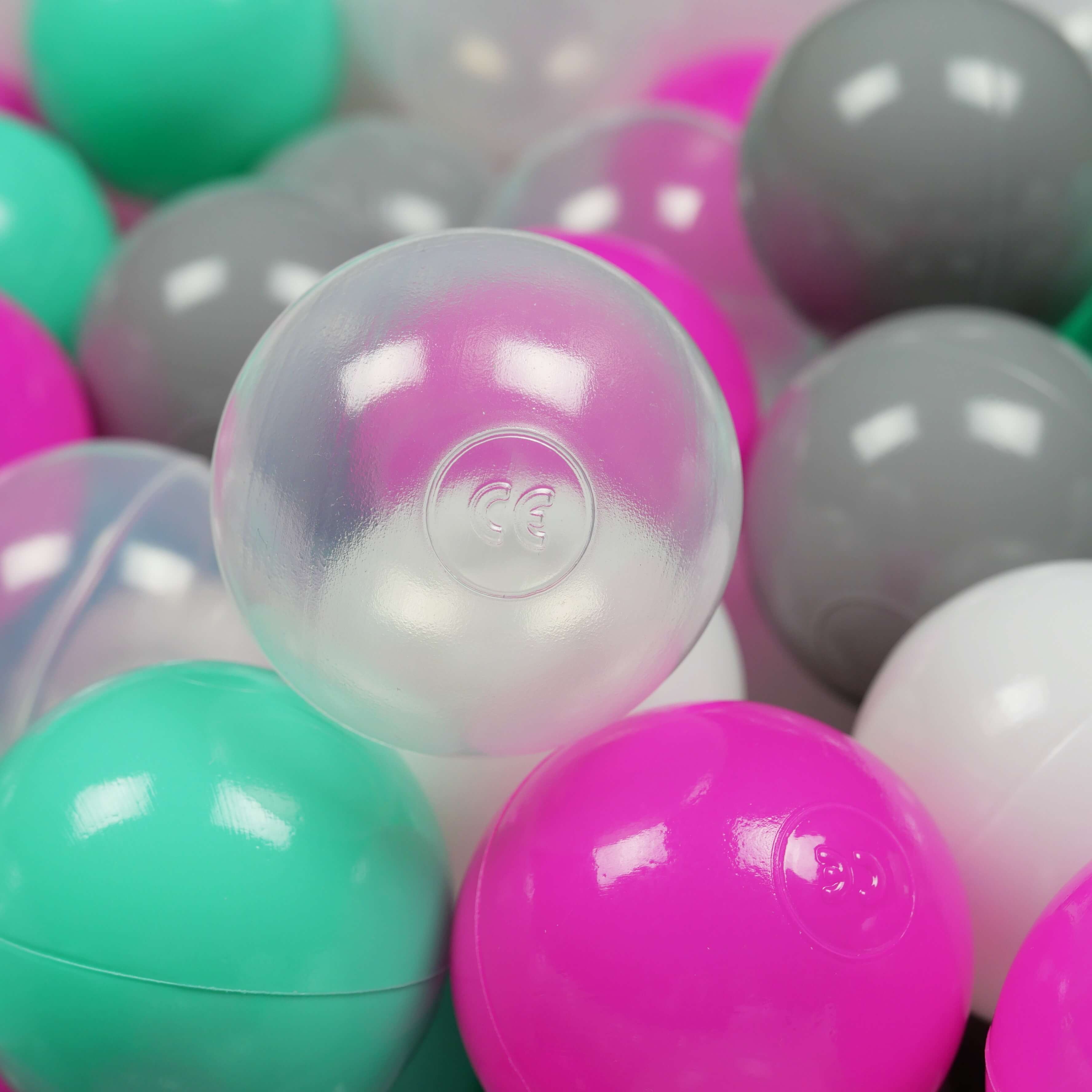200 Spielbälle mit 7 cm Durchmesser in Weiß, Rosa, Mint, Grau und Transparent