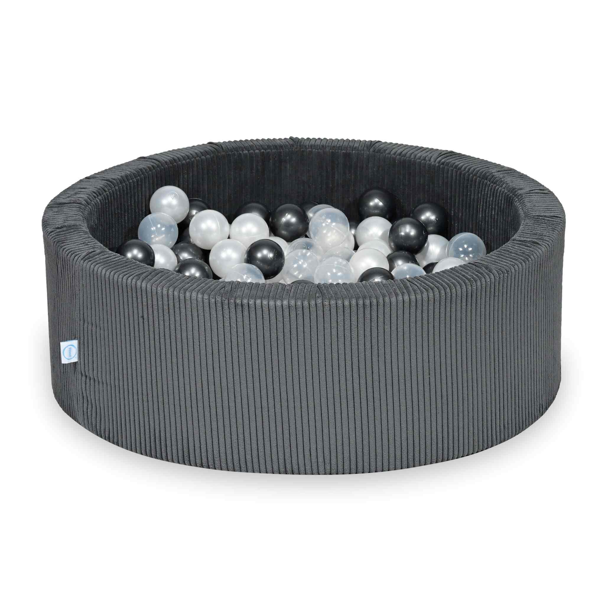 Rundes Bällebad aus graphitfarbenem Cord, 90x30cm – 200 Bälle (transparent, perlmuttfarben, metallisch-graphitfarben)
