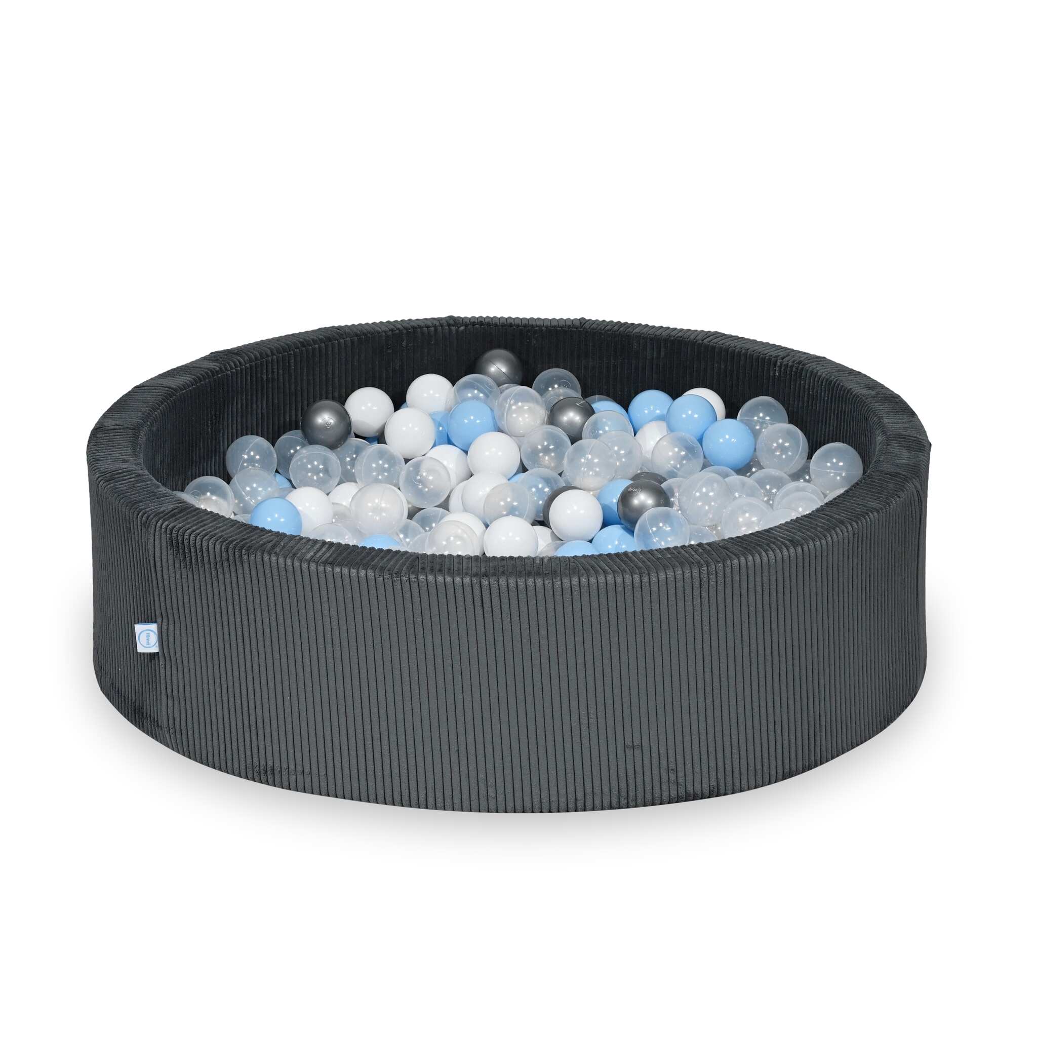 Rundes Bällebad aus graphitfarbenem Cord, 110 x 30 cm – 400 Bälle (transparent, weiß, silber, hellblau)