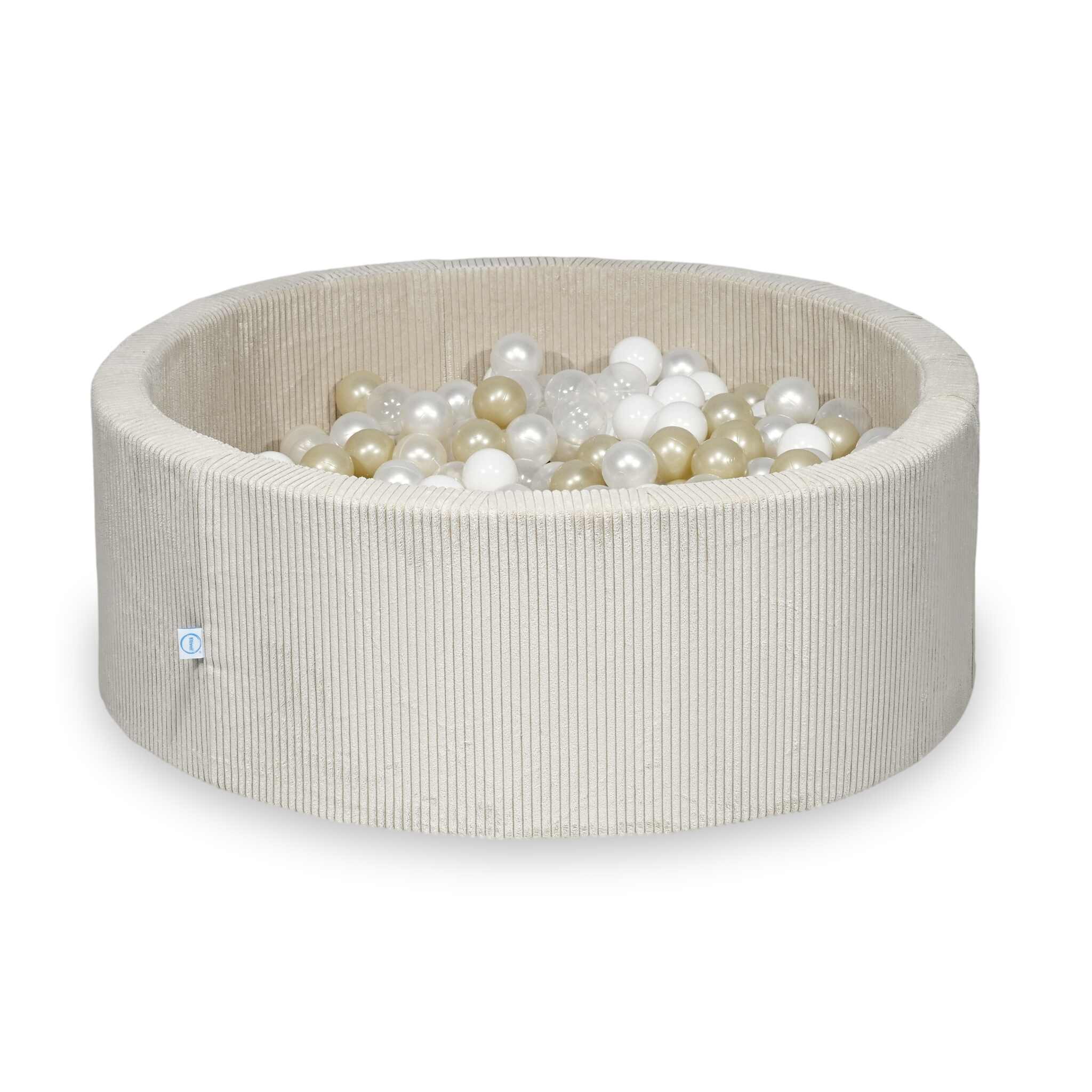 Rundes Bällebad aus beigefarbenem Cord, 110 x 40 cm – Beige, 500 Bälle (transparent, weiß, perlmuttfarben, hellgold, irisierend)