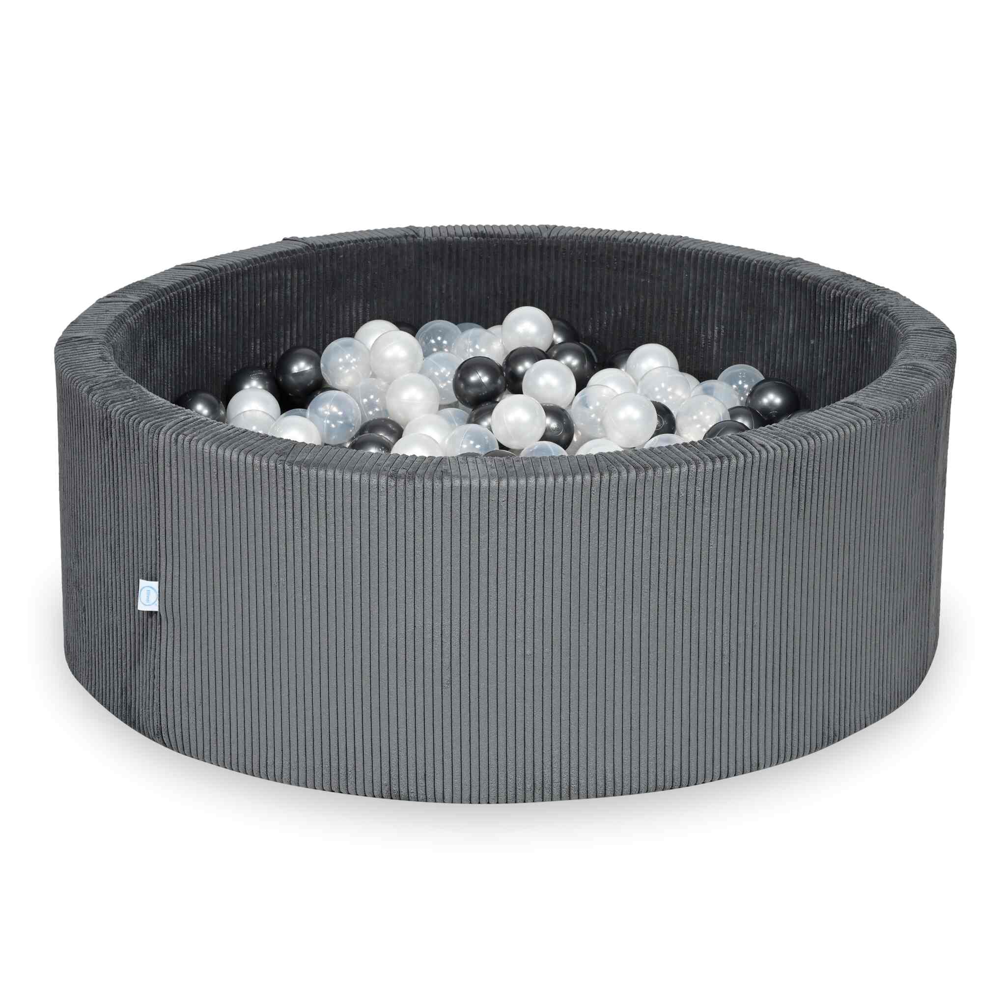 Rundes Bällebad aus graphitfarbenem Cord, 110 x 40 cm – 500 Bälle (transparent, perlmuttfarben, metallisch-graphitfarben)