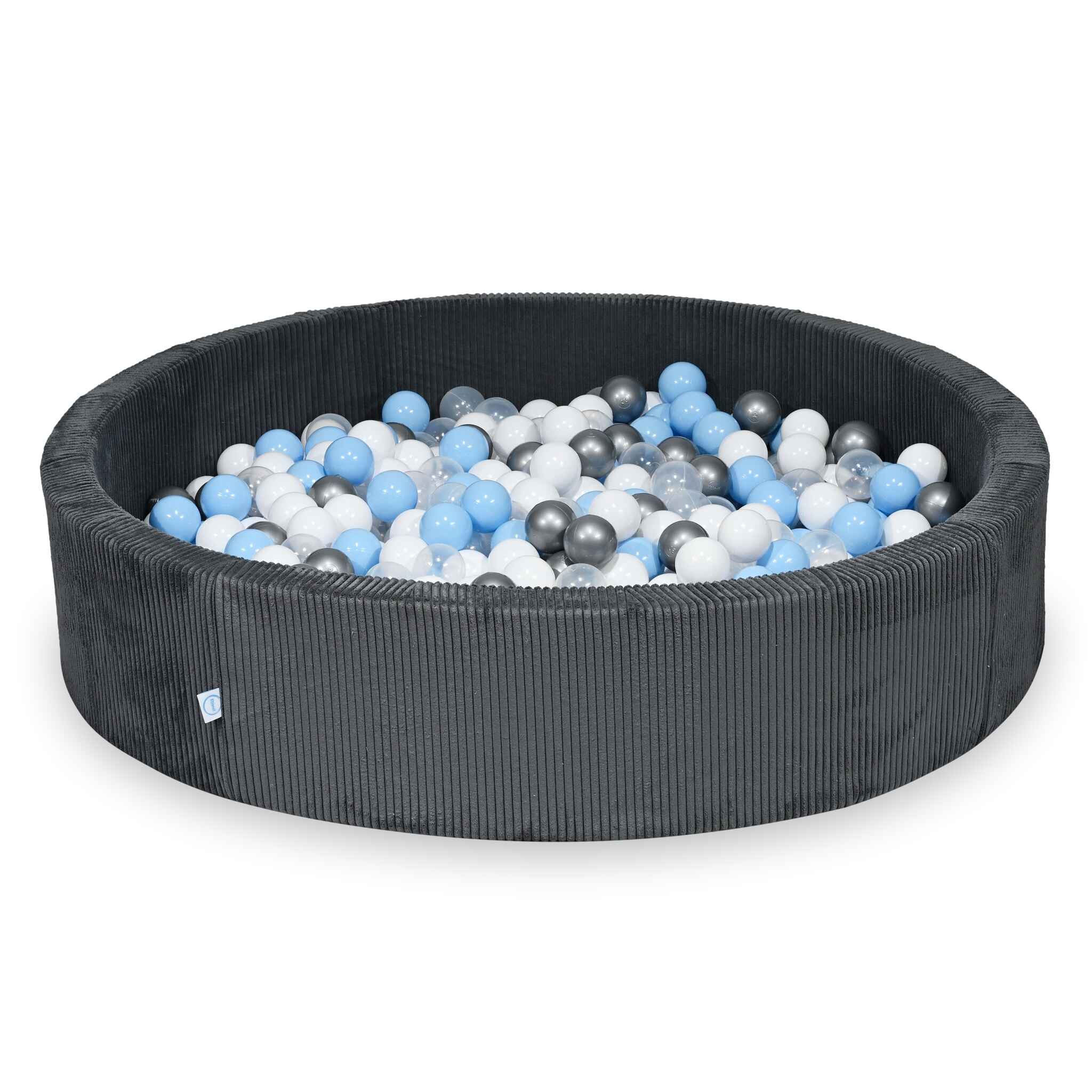 Rundes Bällebad aus graphitfarbenem Cord, 130 x 30 cm – 300 Bälle (transparent, weiß, silber, hellblau)