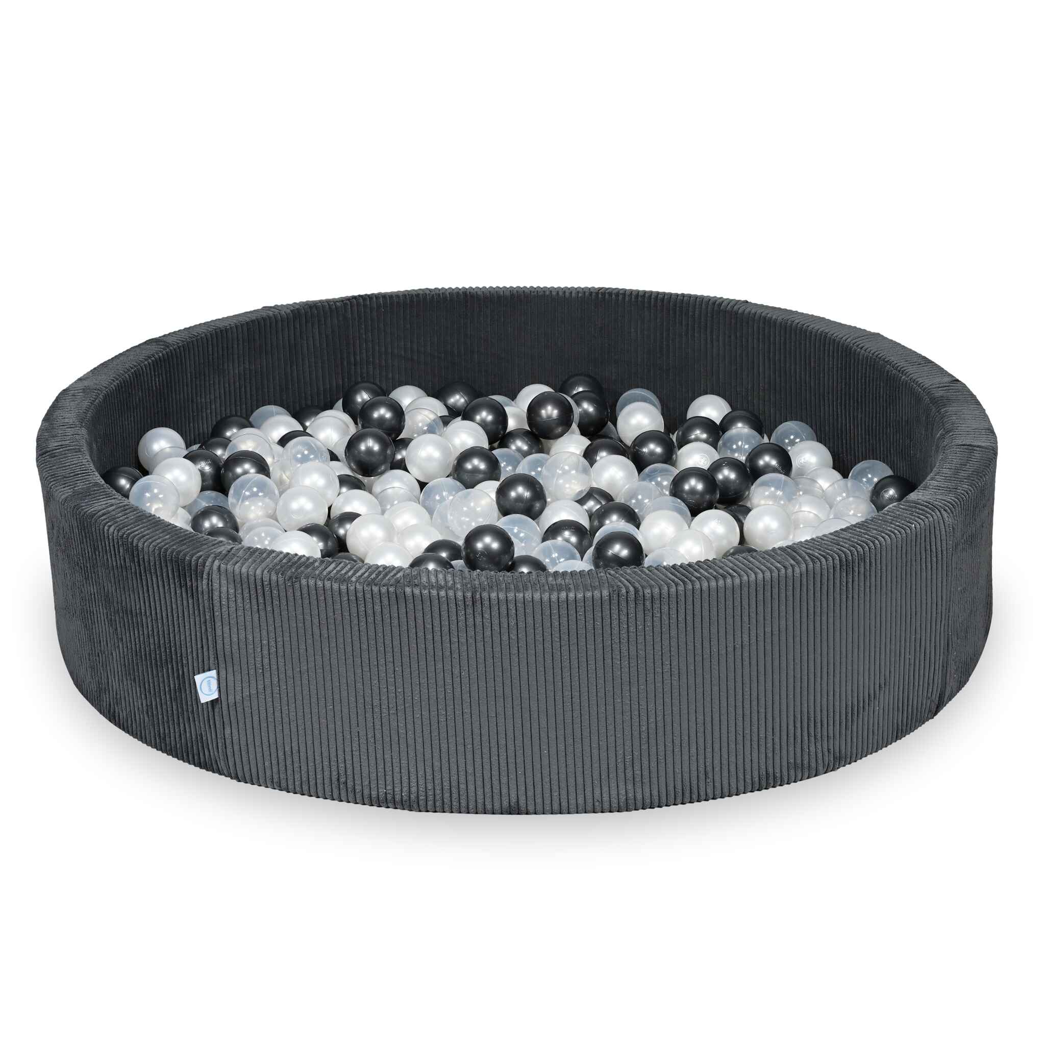 Rundes Bällebad aus graphitfarbenem Cord, 130 x 30 cm – 600 Bälle (transparent, perlmuttfarben, metallisch-graphitfarben)