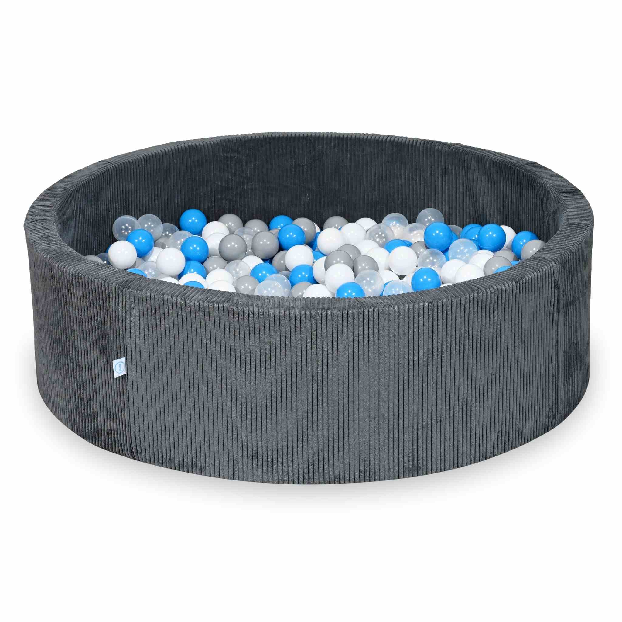 Rundes Bällebad aus graphitfarbenem Cord, 130 x 40 cm – 700 Bälle (transparent, weiß, grau, hellblau)