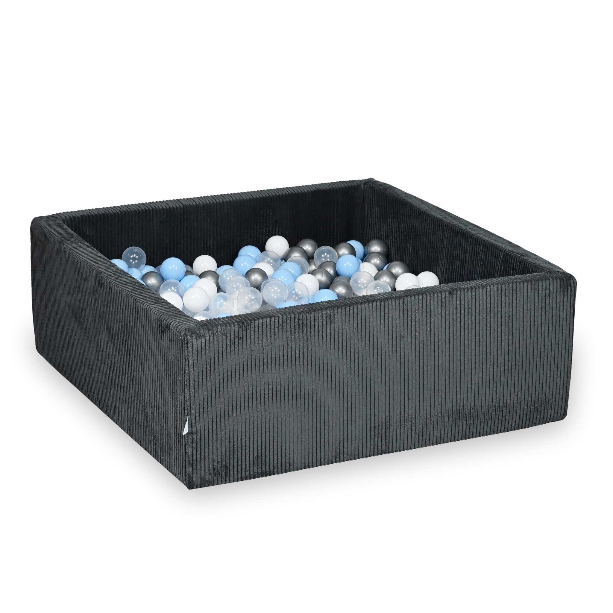 Quadratisches Bällebad aus graphitfarbenem Cord, 110 x 110 x 40 cm – 600 Bälle (transparent, weiß, silber, hellblau)