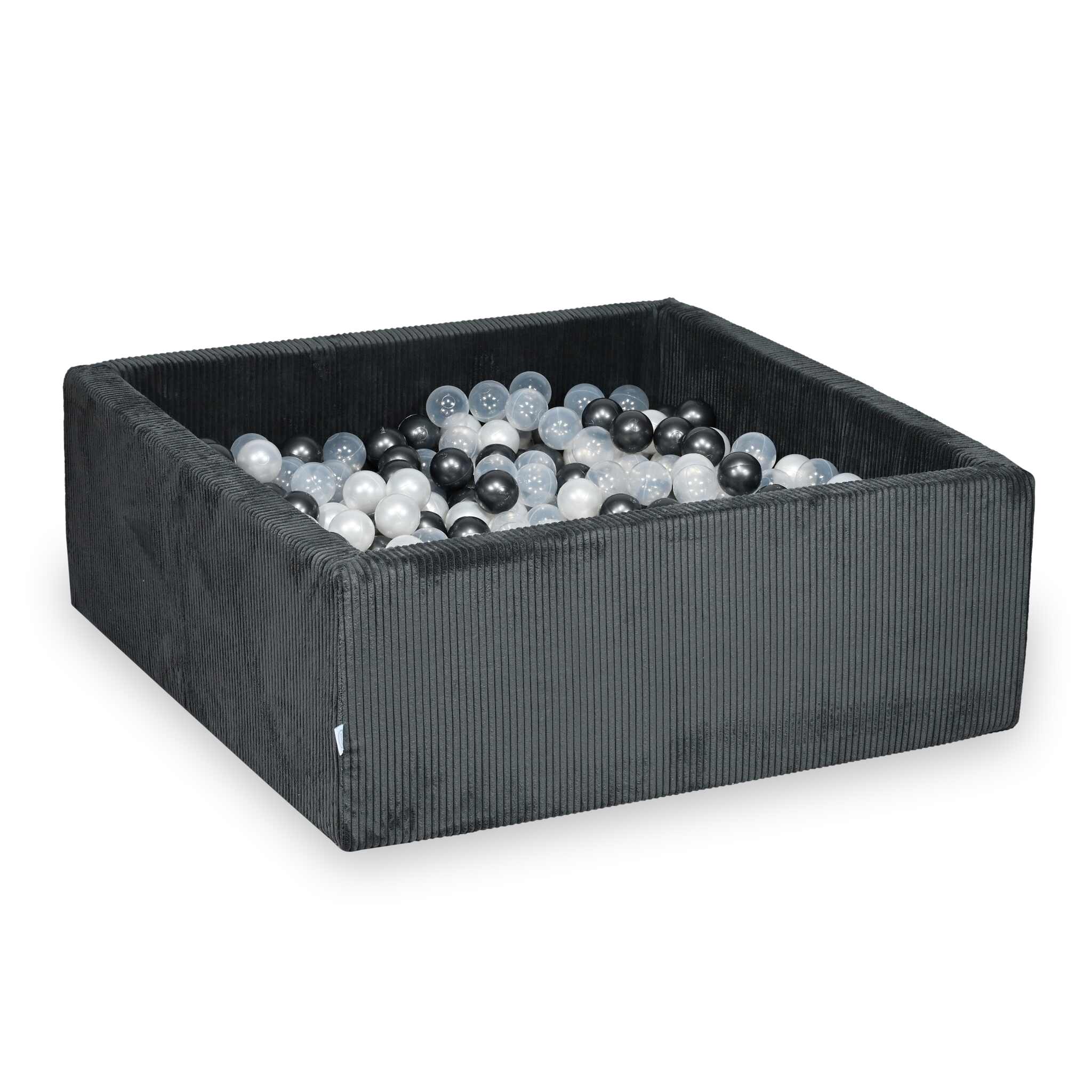 Quadratisches Bällebad aus graphitfarbenem Cord, 110 x 110 x 40 cm – 600 Bälle (transparent, perlmuttfarben, metallisch-graphitfarben)