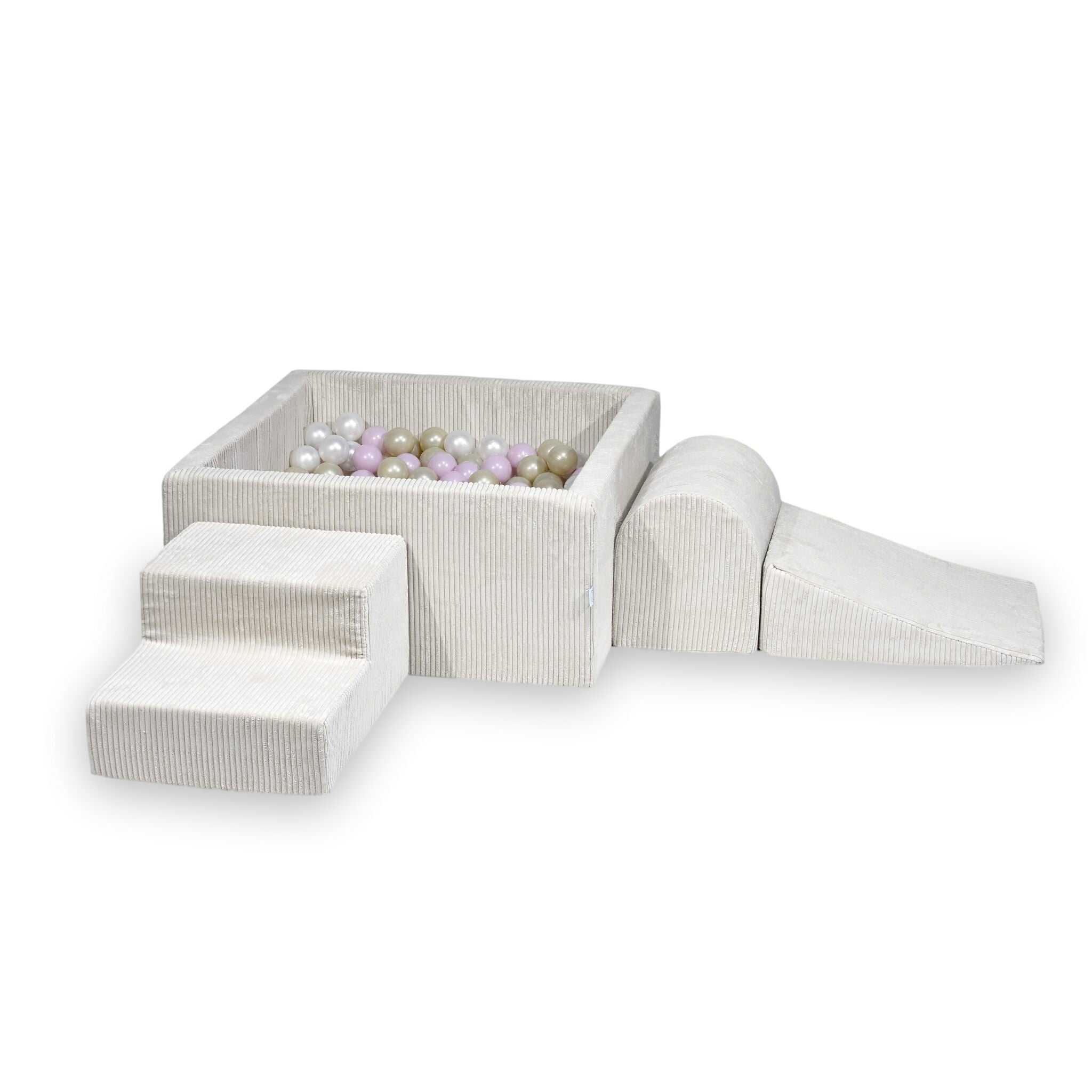 Schaumstoff-Spielbereich mit quadratischem Bällebad, Kinderspielset 90x90x40 cm, beige gerippt + 400 Bälle