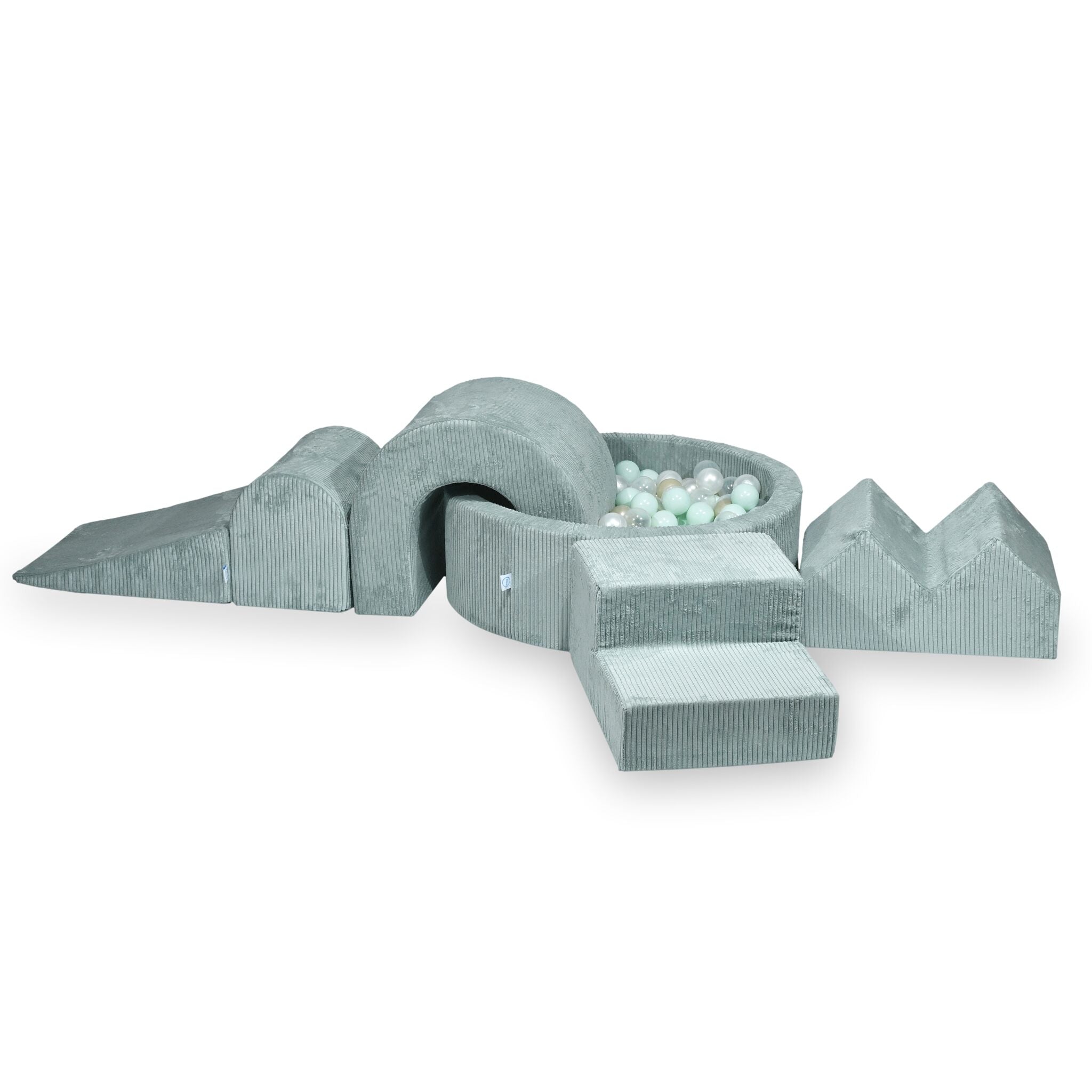 Schaumstoff-Spielbereich mit rundem, geriffeltem, hellmintfarbenem Pool (90 x 30 cm) + 5 Elementen + 200 Bällen