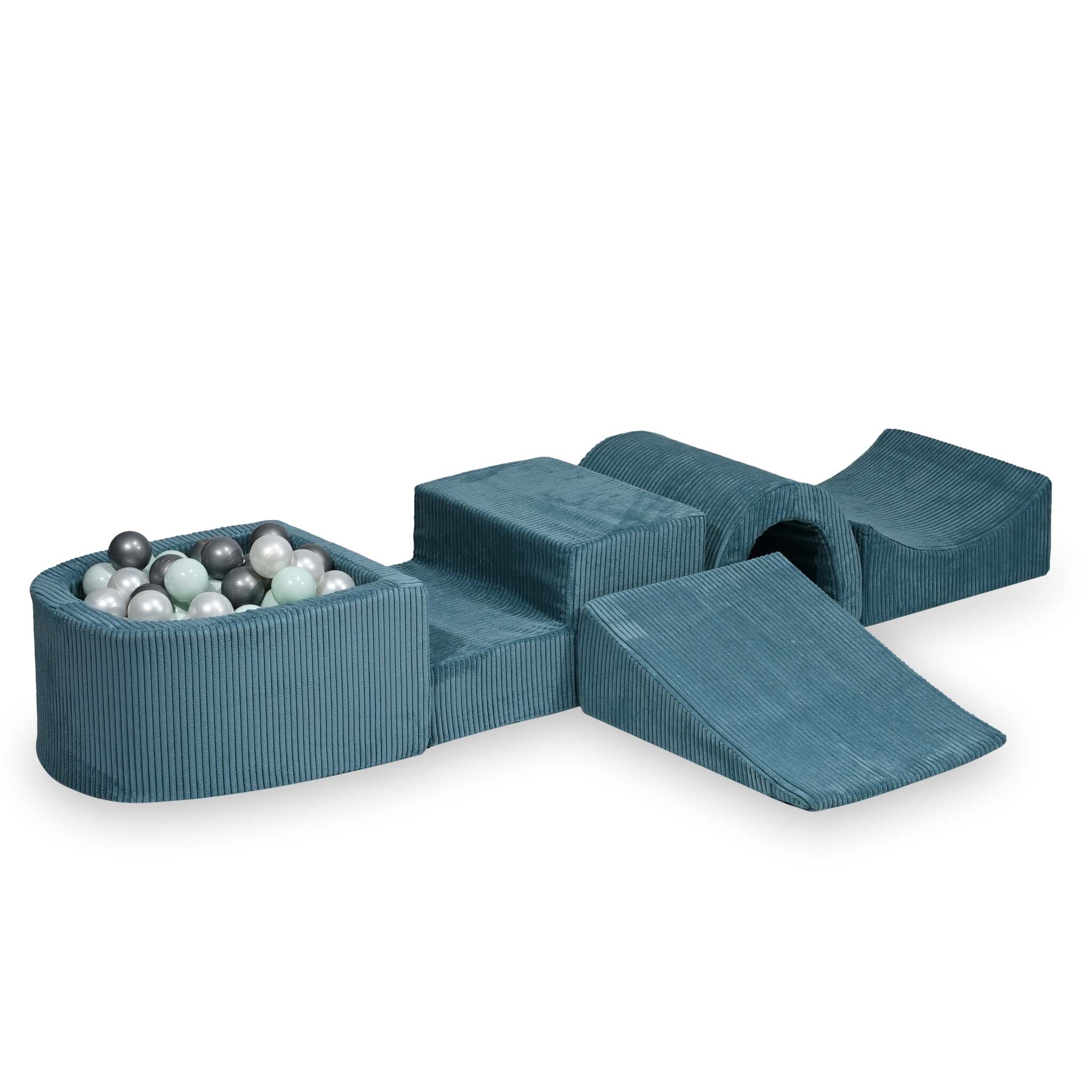 Schaumstoffspielbereich mit Brücke und blauem Mikrorippenbecken + 100 Bälle