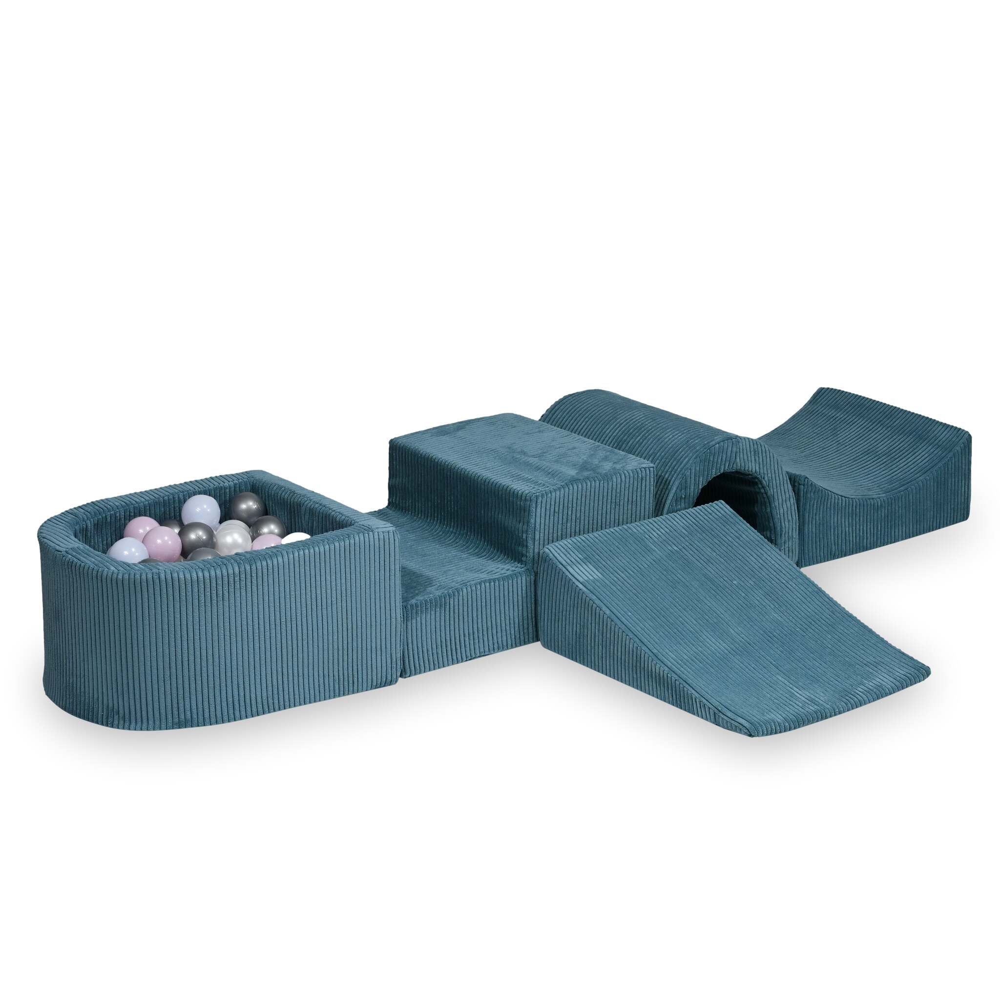 Schaumstoffspielbereich mit Brücke und blauem Mikrorippenbecken + 100 Bälle