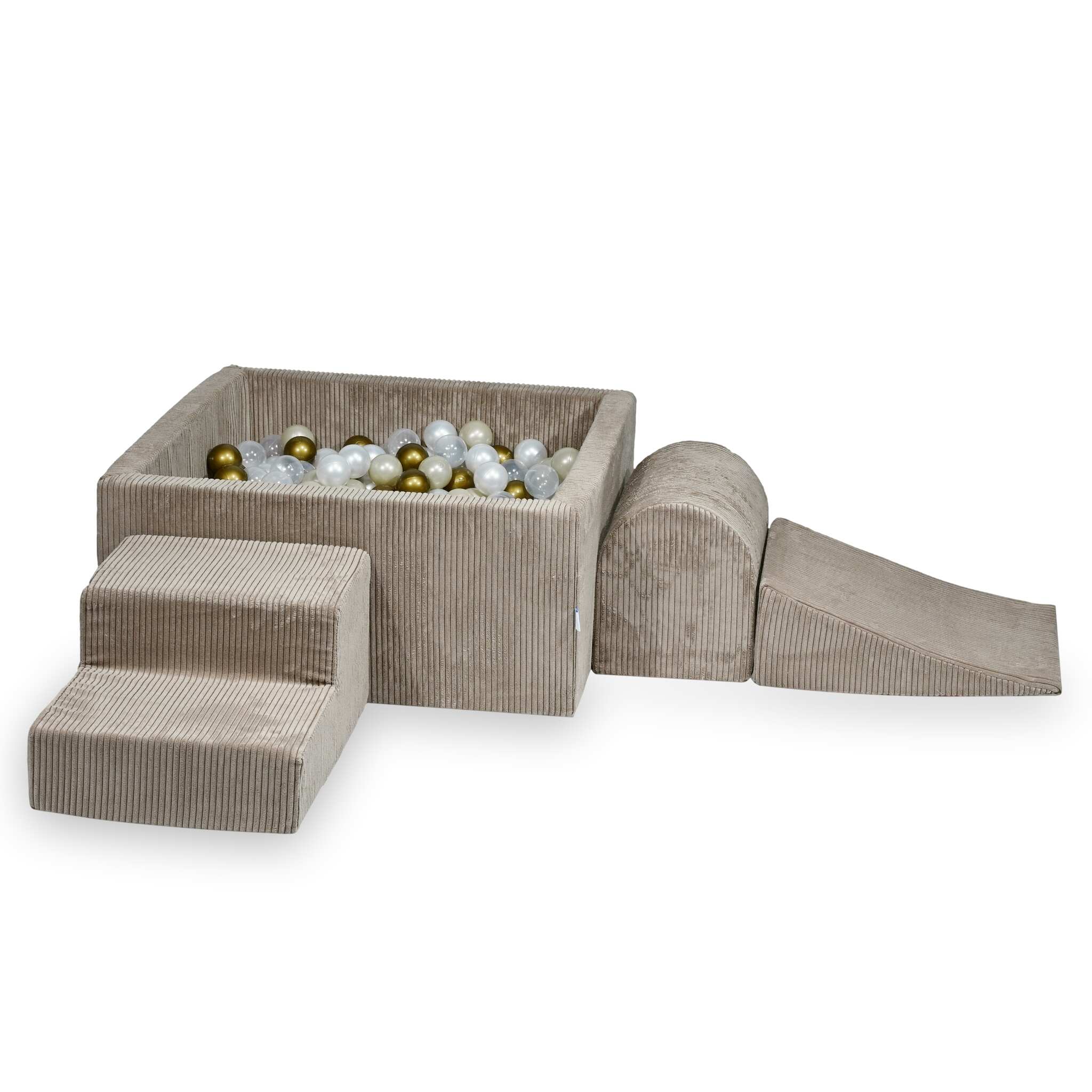 Schaumstoff-Spielbereich mit quadratischem Bällebad, Kinderspielset 90x90x40 cm, gerippte Karamellfarbe + 400 Bälle