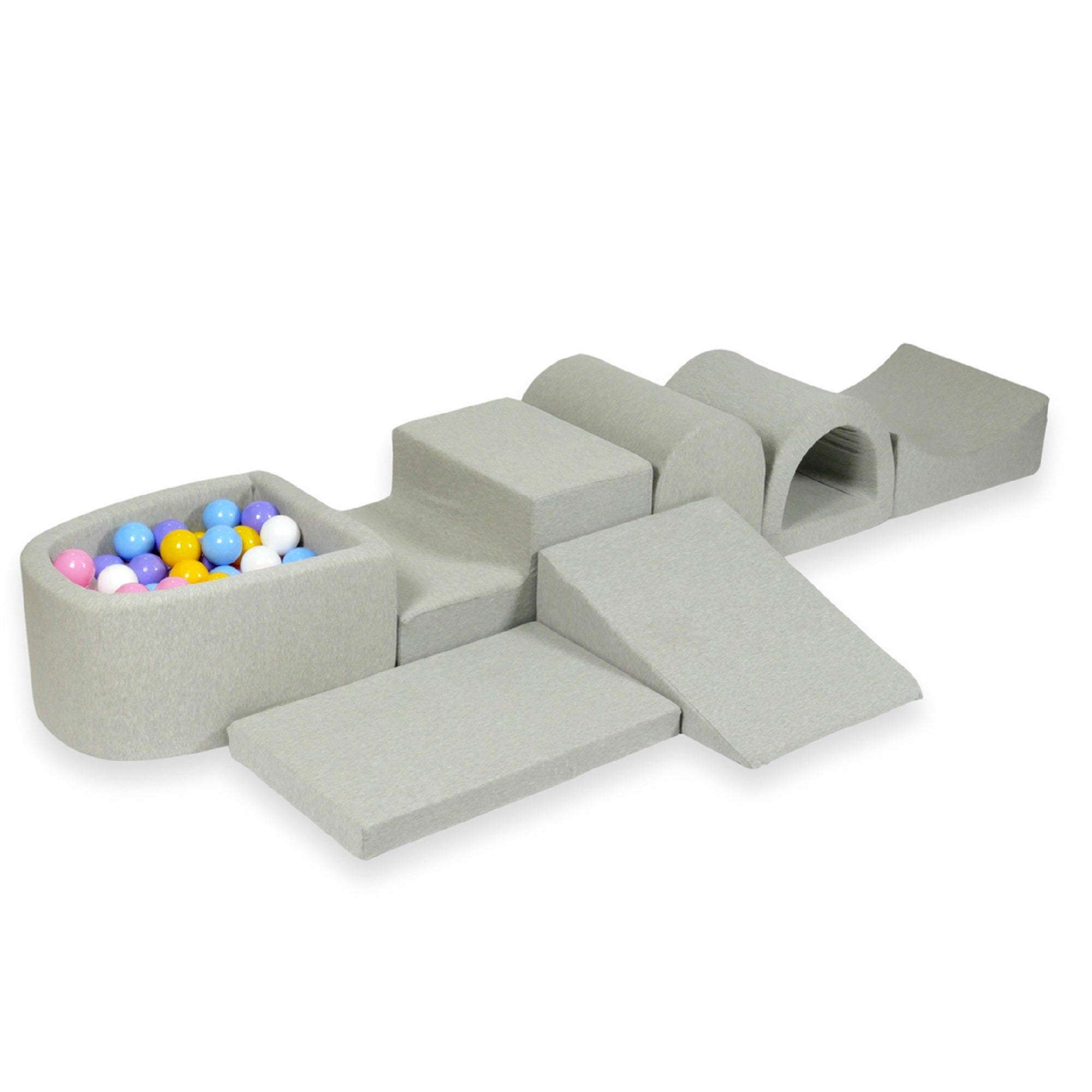 Schaumstoffspielbereich mit Brücke und hellgrauem Mini-Pool + 100 Bälle (Perlmutt, Silber, Hellrosa)