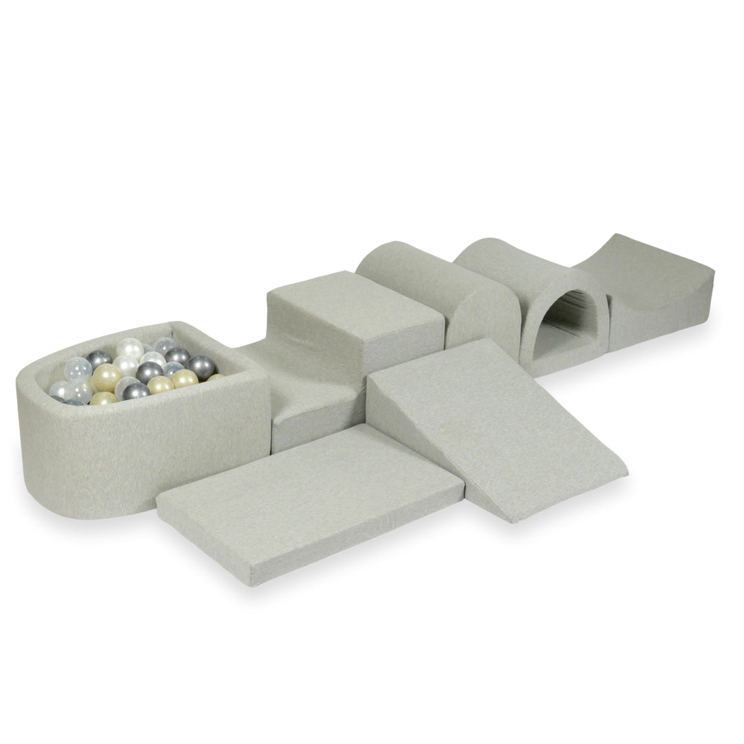 Schaumstoffspielbereich mit Brücke und hellgrauem Mini-Pool + 100 Bälle (Perlmutt, Silber, Hellrosa)