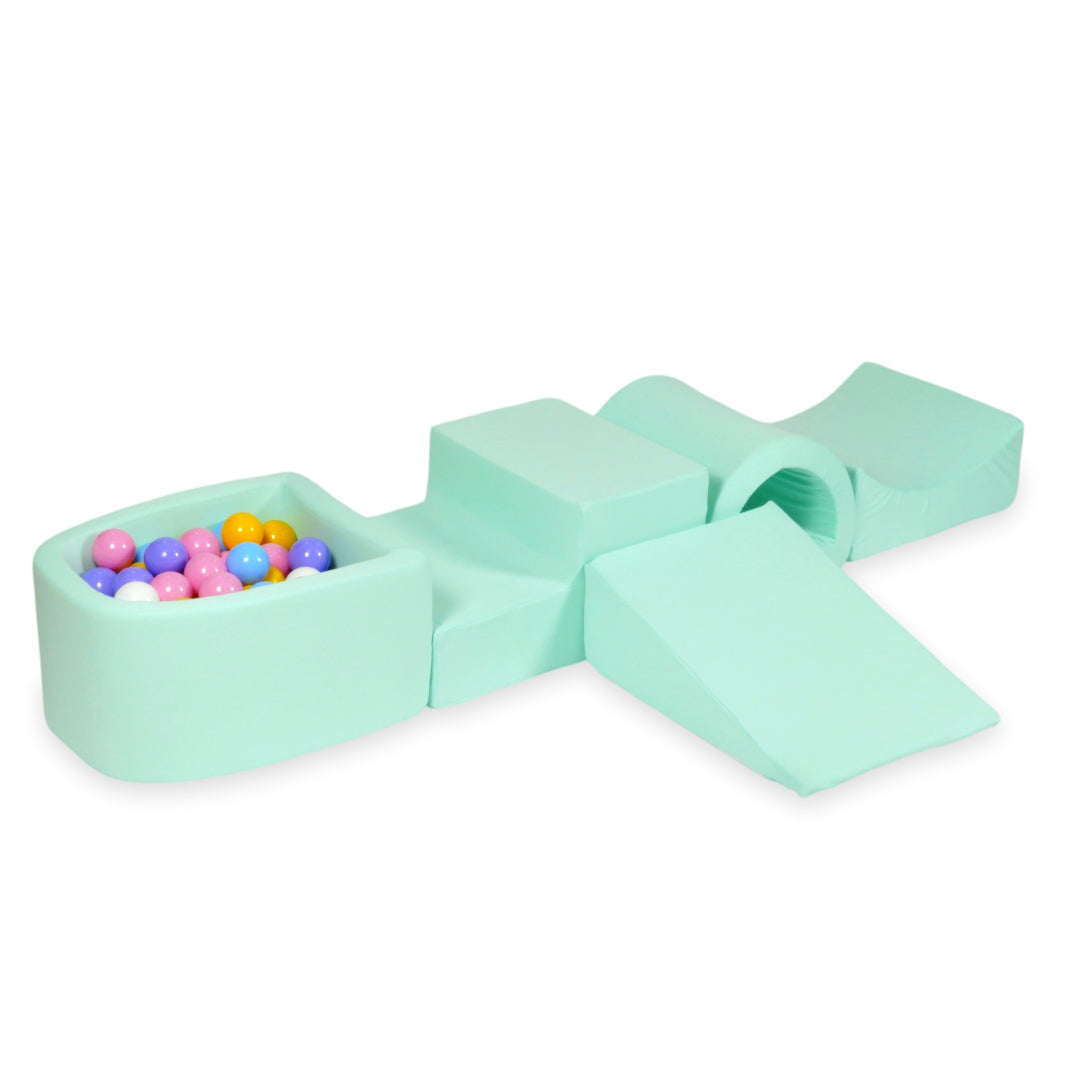 Schaumstoffspielbereich mit Hügel und Mini-Minzbecken + 100 Bälle (hellblau, gelb, meliert, puderrosa, weiß)