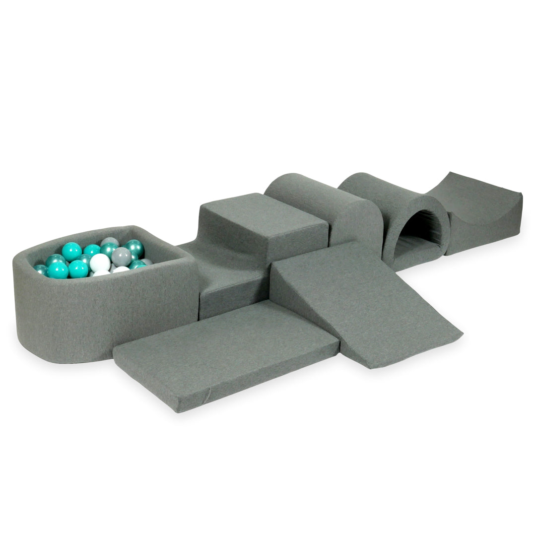 Schaumstoffspielbereich mit Hügel und kleinem grauen Pool + 100 Bälle (metallic türkis, türkis, grau, weiß)