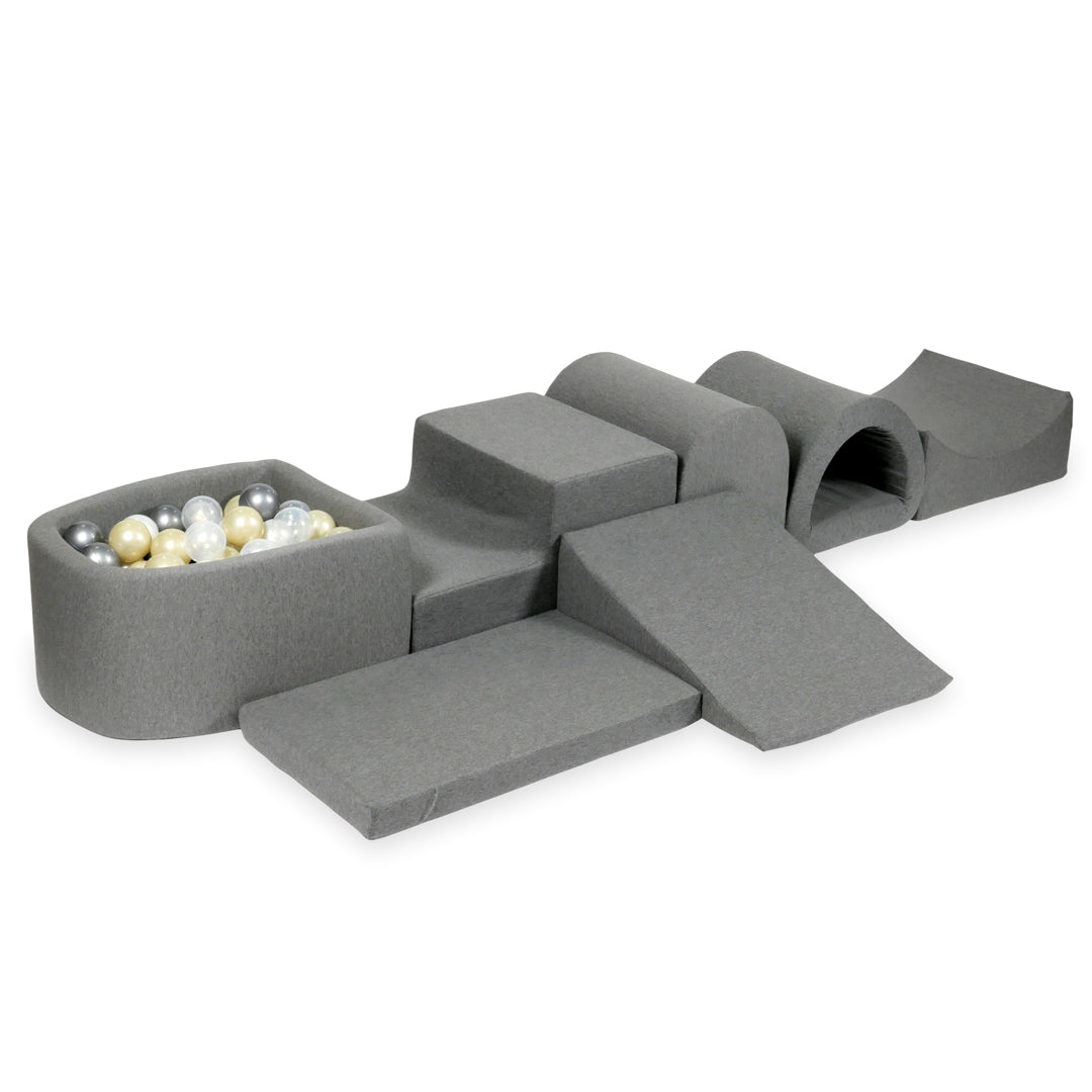 Schaumstoffspielbereich mit Hügel und kleinem grauen Pool + 100 Bälle (metallic türkis, türkis, grau, weiß)