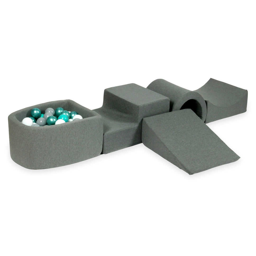 Schaumstoffspielbereich mit Hügel und kleinem grauen Pool + 100 Bälle (metallic türkis, türkis, grau, weiß)