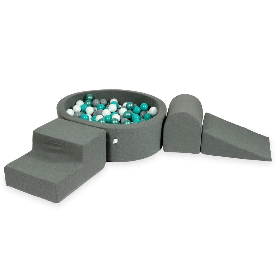 Schaumstoffspielbereich mit Hügel und kleinem grauen Pool + 100 Bälle (metallic türkis, türkis, grau, weiß)