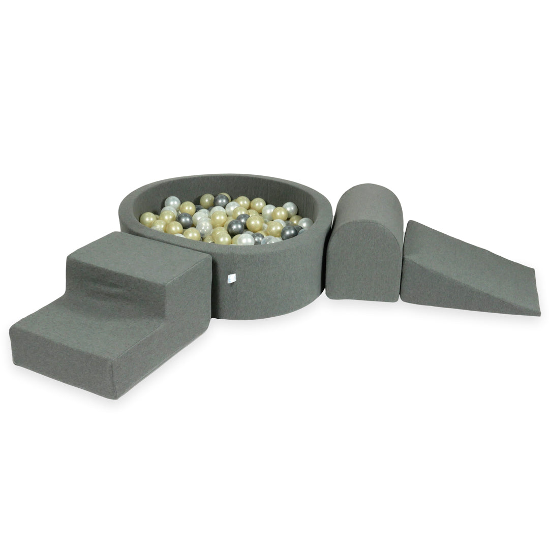 Schaumstoffspielbereich mit Hügel und kleinem grauen Pool + 100 Bälle (metallic türkis, türkis, grau, weiß)