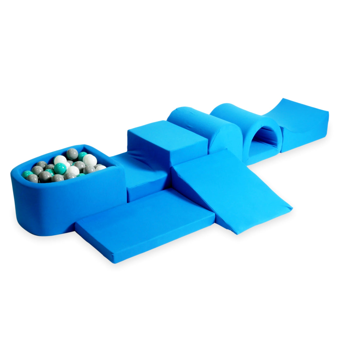 Schaumstoffspielbereich mit Hügel und blauem Mini-Pool + 100 Bälle (türkis, weiß, grau)