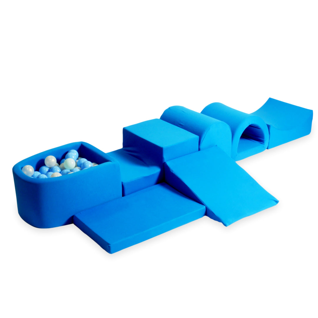 Schaumstoffspielbereich mit Hügel und blauem Mini-Pool + 100 Bälle (türkis, weiß, grau)
