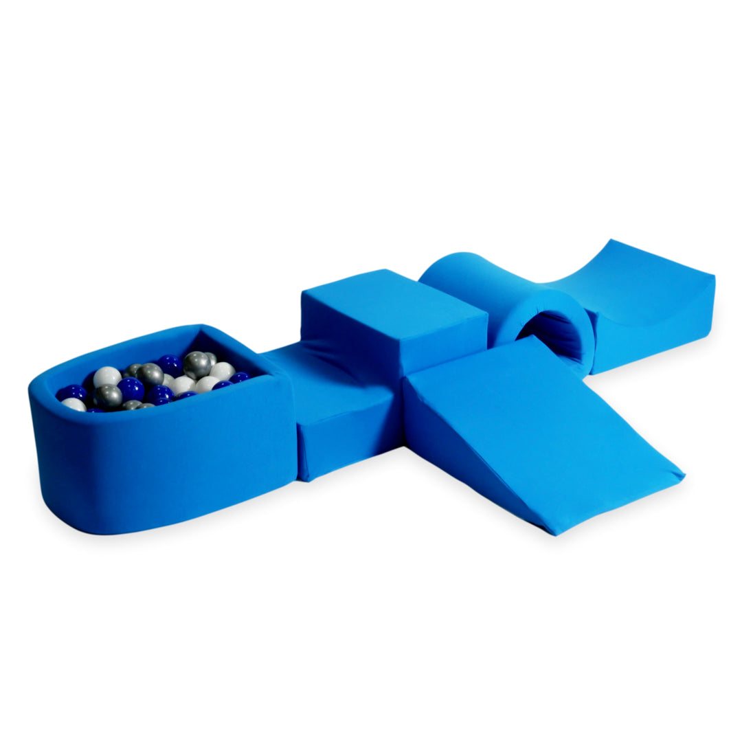 Schaumstoffspielbereich mit Hügel und blauem Mini-Pool + 100 Bälle (türkis, weiß, grau)