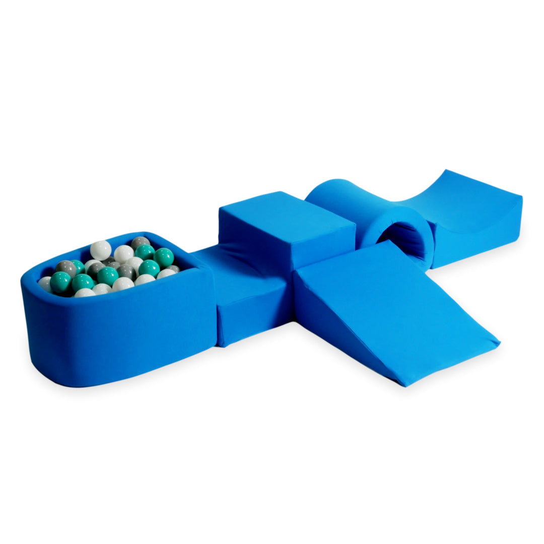 Schaumstoffspielbereich mit Hügel und blauem Mini-Pool + 100 Bälle (türkis, weiß, grau)