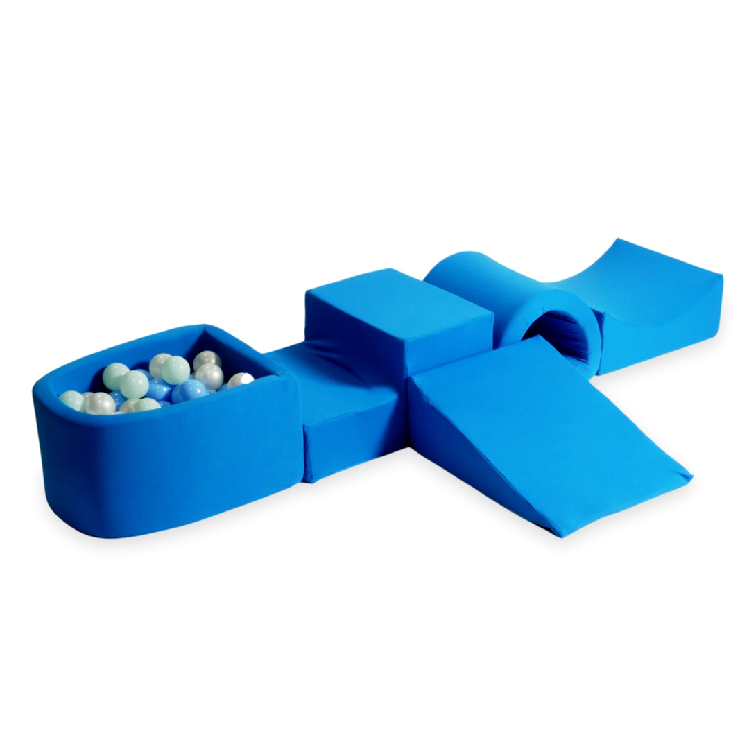 Schaumstoffspielbereich mit Hügel und blauem Mini-Pool + 100 Bälle (türkis, weiß, grau)