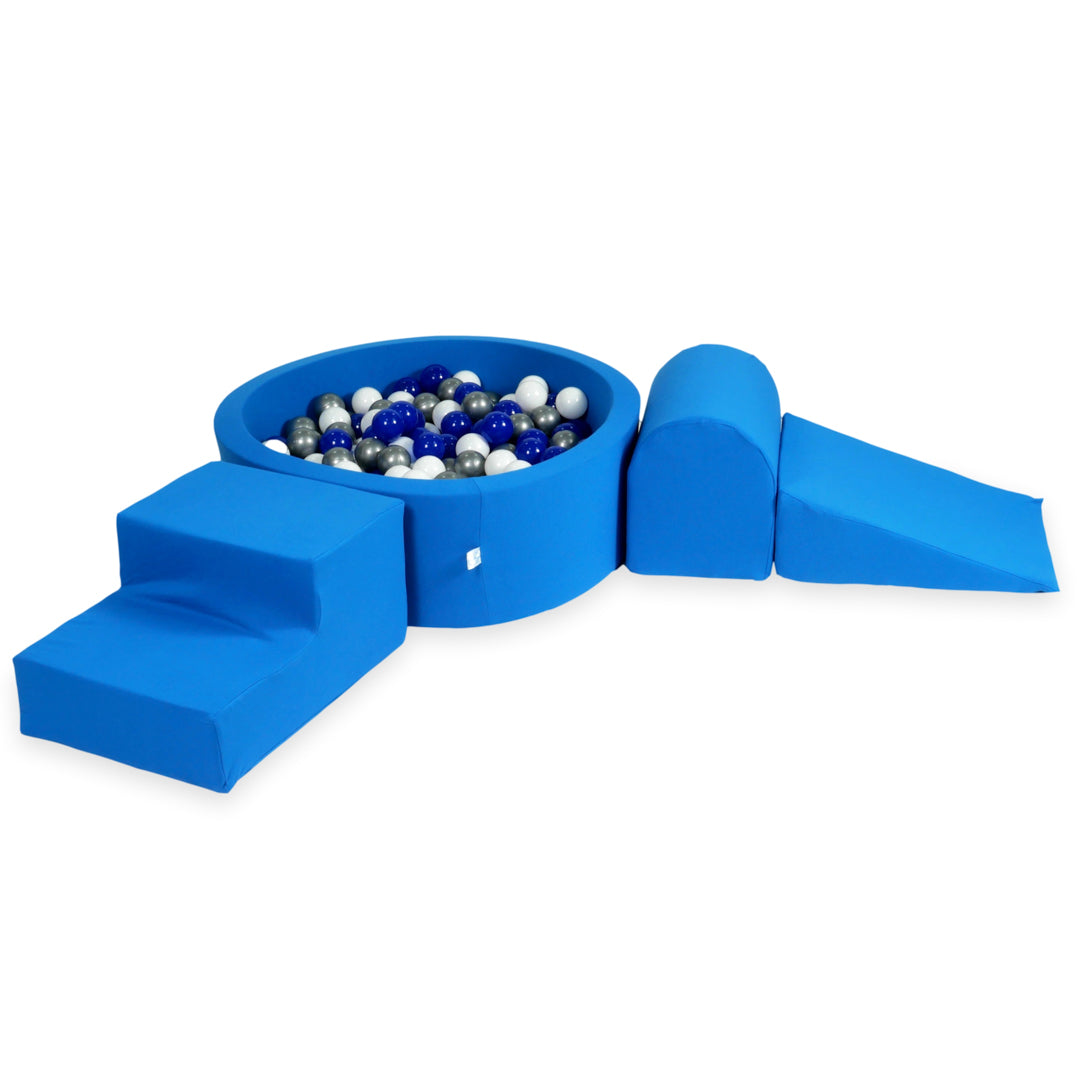 Schaumstoffspielbereich mit Hügel und blauem Mini-Pool + 100 Bälle (türkis, weiß, grau)