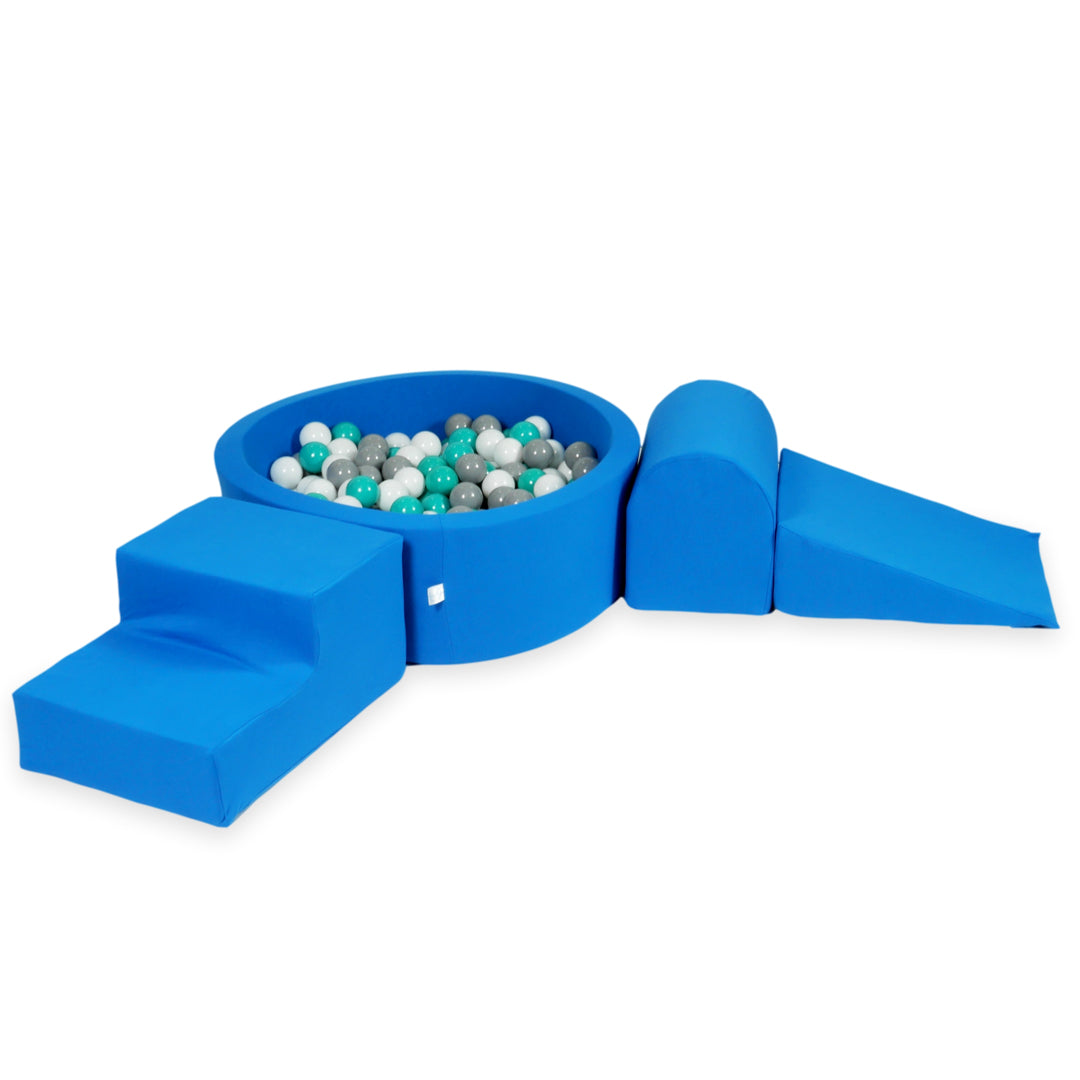Schaumstoffspielbereich mit Hügel und blauem Mini-Pool + 100 Bälle (türkis, weiß, grau)
