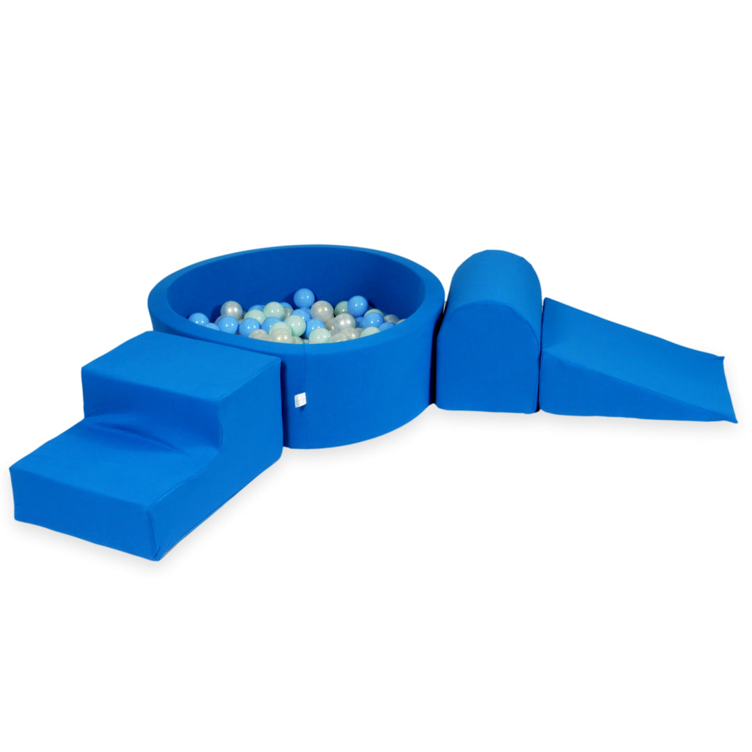 Schaumstoffspielbereich mit Hügel und blauem Mini-Pool + 100 Bälle (türkis, weiß, grau)