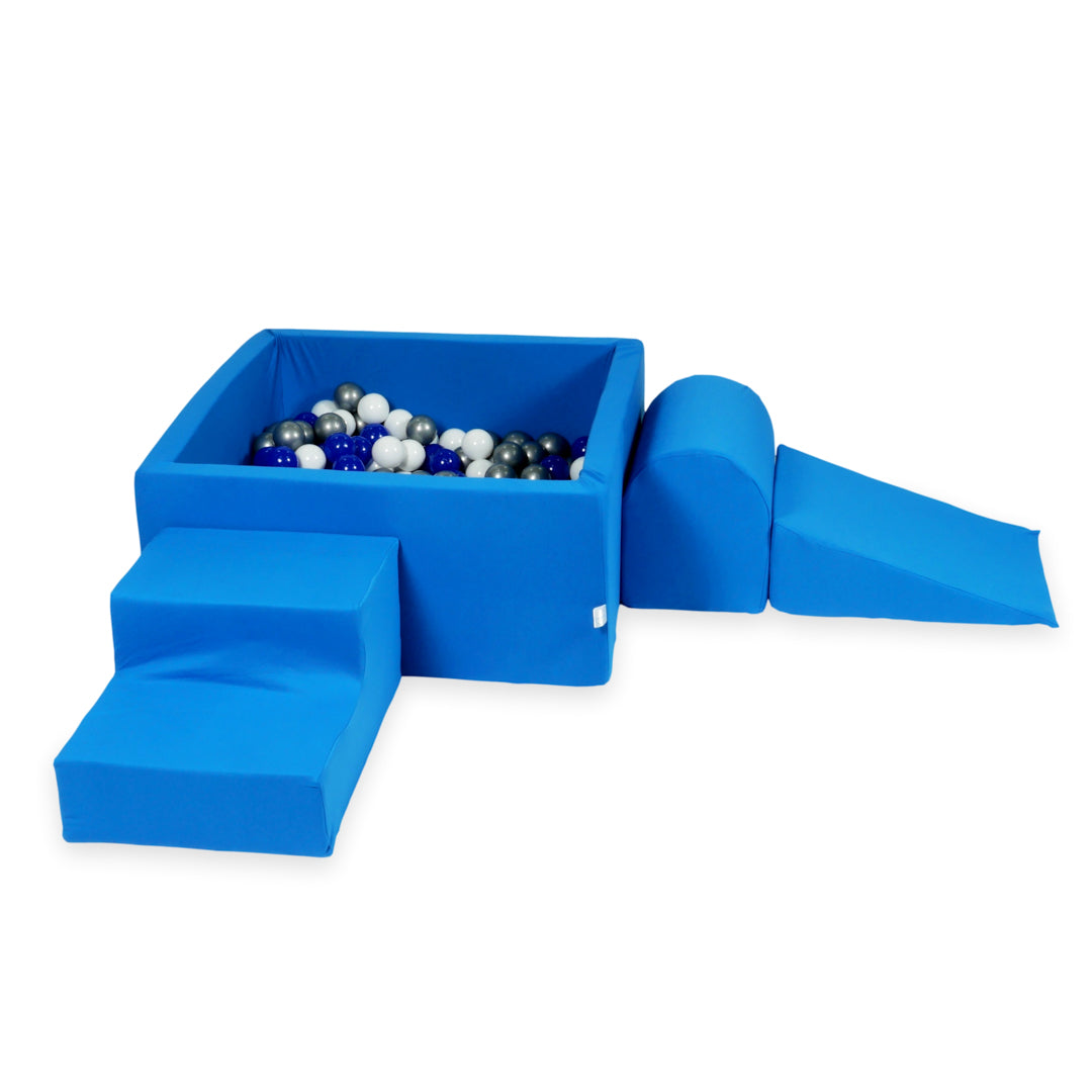 Schaumstoffspielbereich mit Hügel und blauem Mini-Pool + 100 Bälle (türkis, weiß, grau)