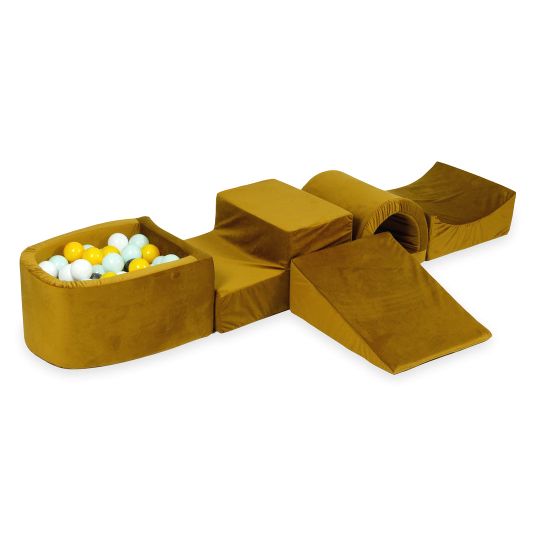 Schaumstoffspielbereich mit Hügel und Mikro-Samt-Goldpool + 100 Bälle (hellgold, perlmuttfarben, silber, transparent)
