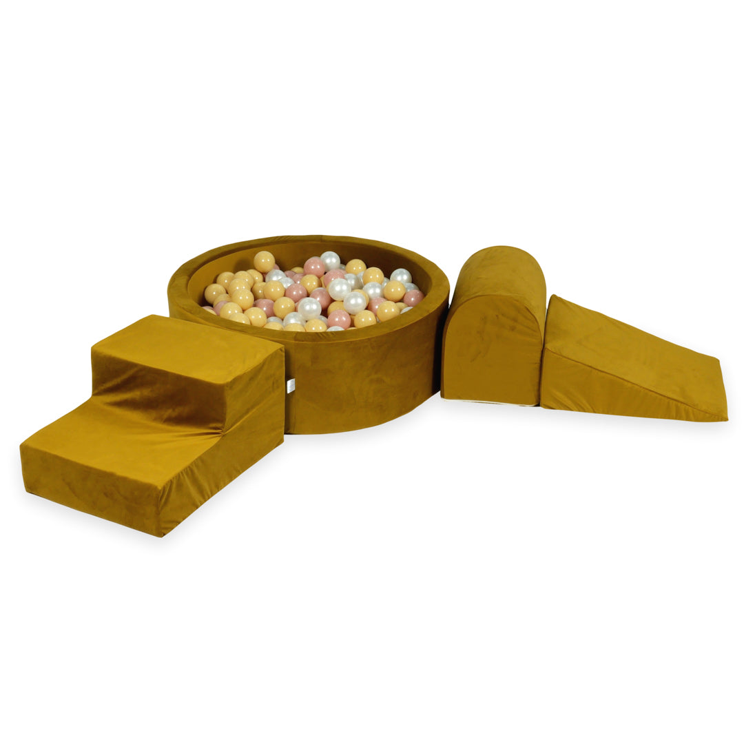Schaumstoffspielbereich mit Hügel und Mikro-Samt-Goldpool + 100 Bälle (hellgold, perlmuttfarben, silber, transparent)