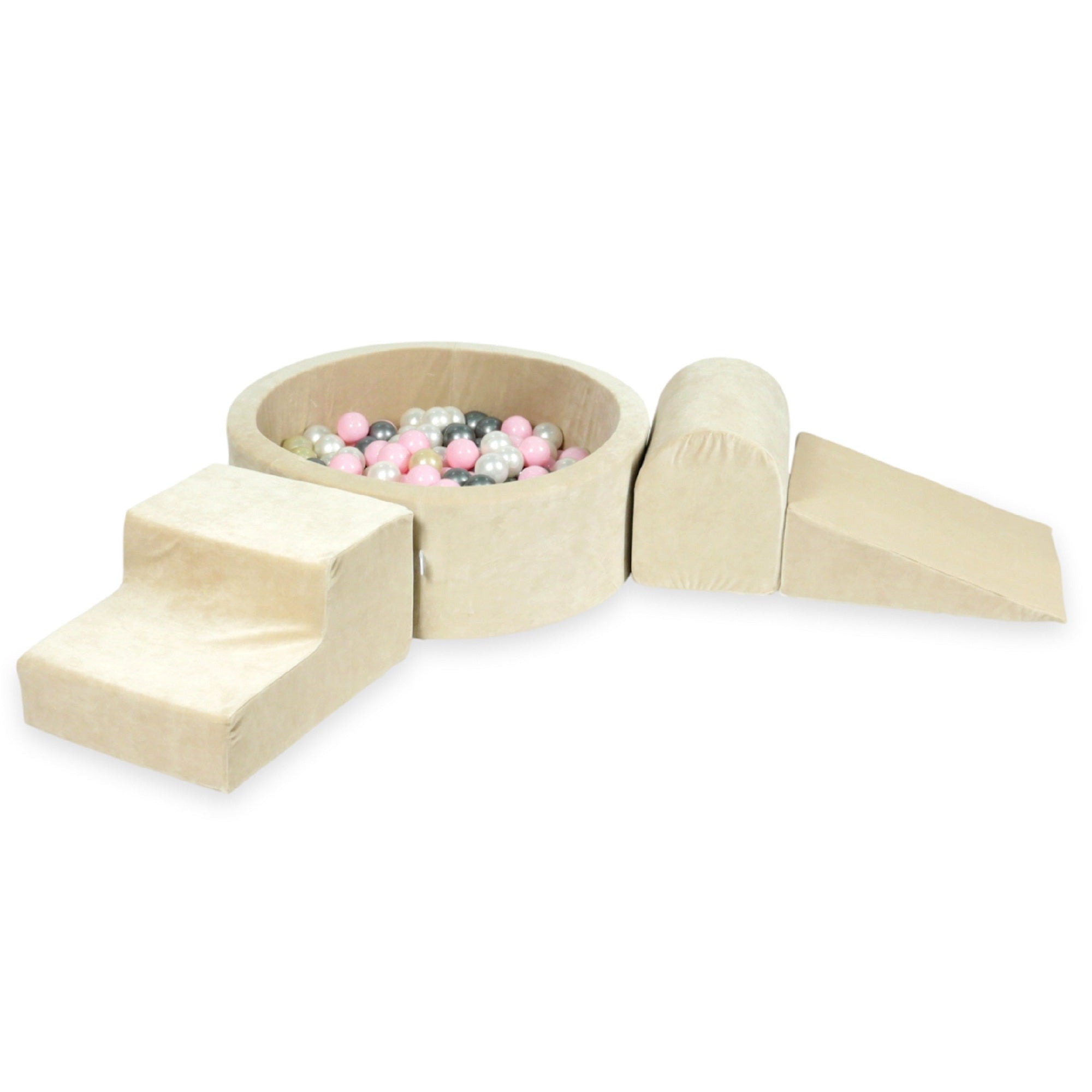 Schaumstoffspielbereich mit Hügel und Pool, mikrofein samtweich beige + 100 Bälle (hellgold, silber, perlmutt, transparent)