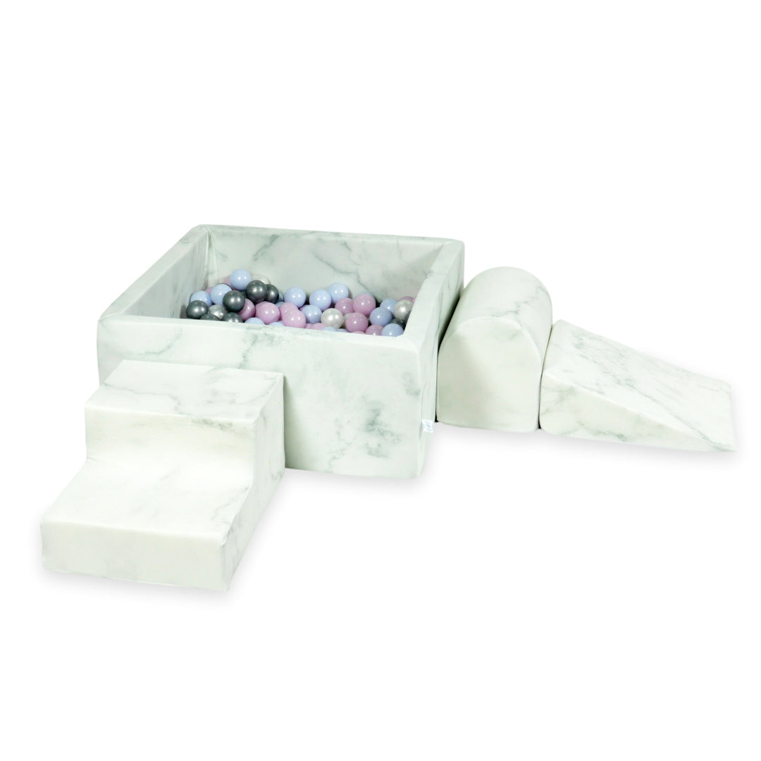 Schaumstoffspielbereich mit Hügel und Mikro-Murmelbecken + 100 Bälle (blaue Perle, rosa Perle, Perle, Silber)