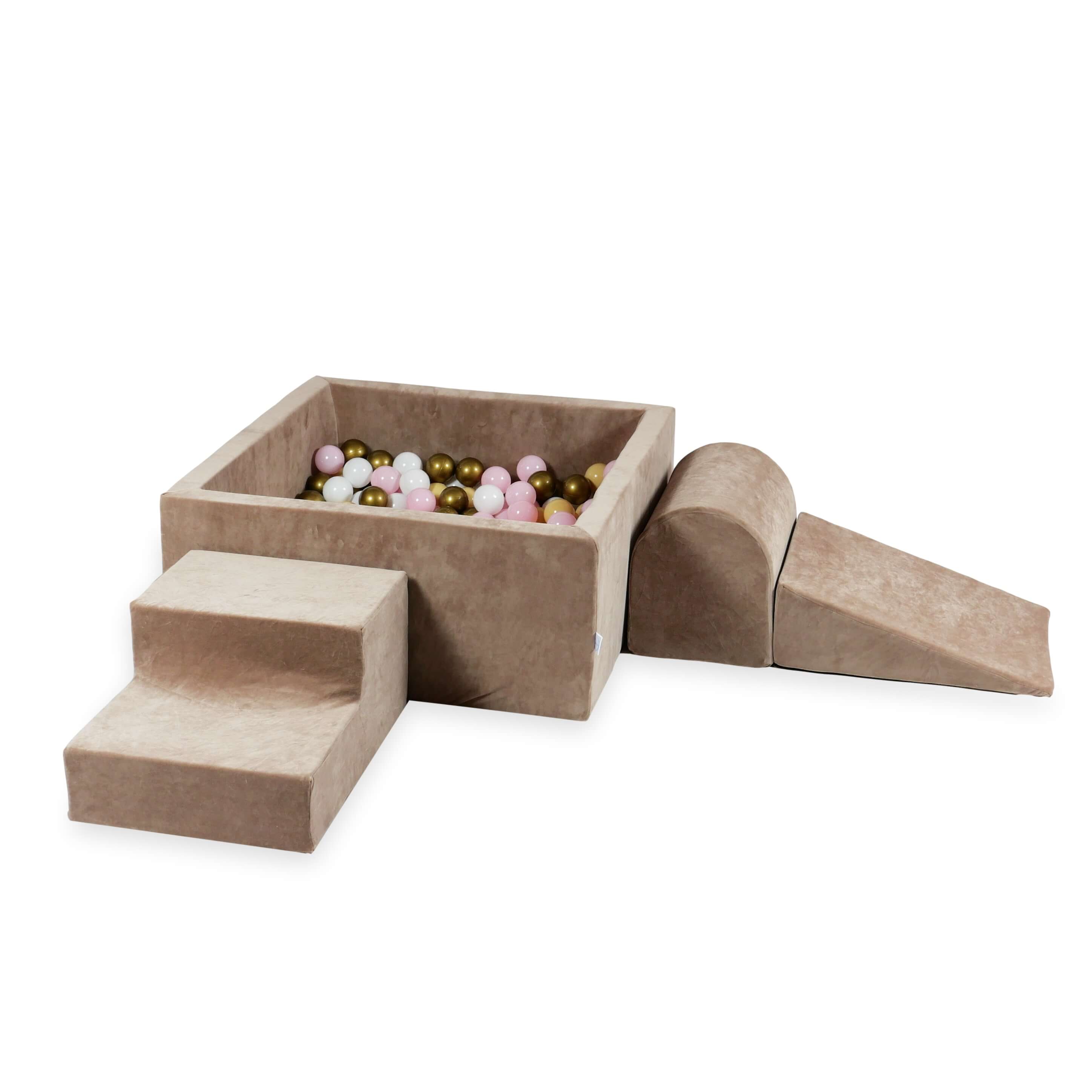 Schaumstoff-Spielbereich mit quadratischem Bällebad, Kinderspielset 90x90x40 cm, samtweich, braun + 400 Bälle