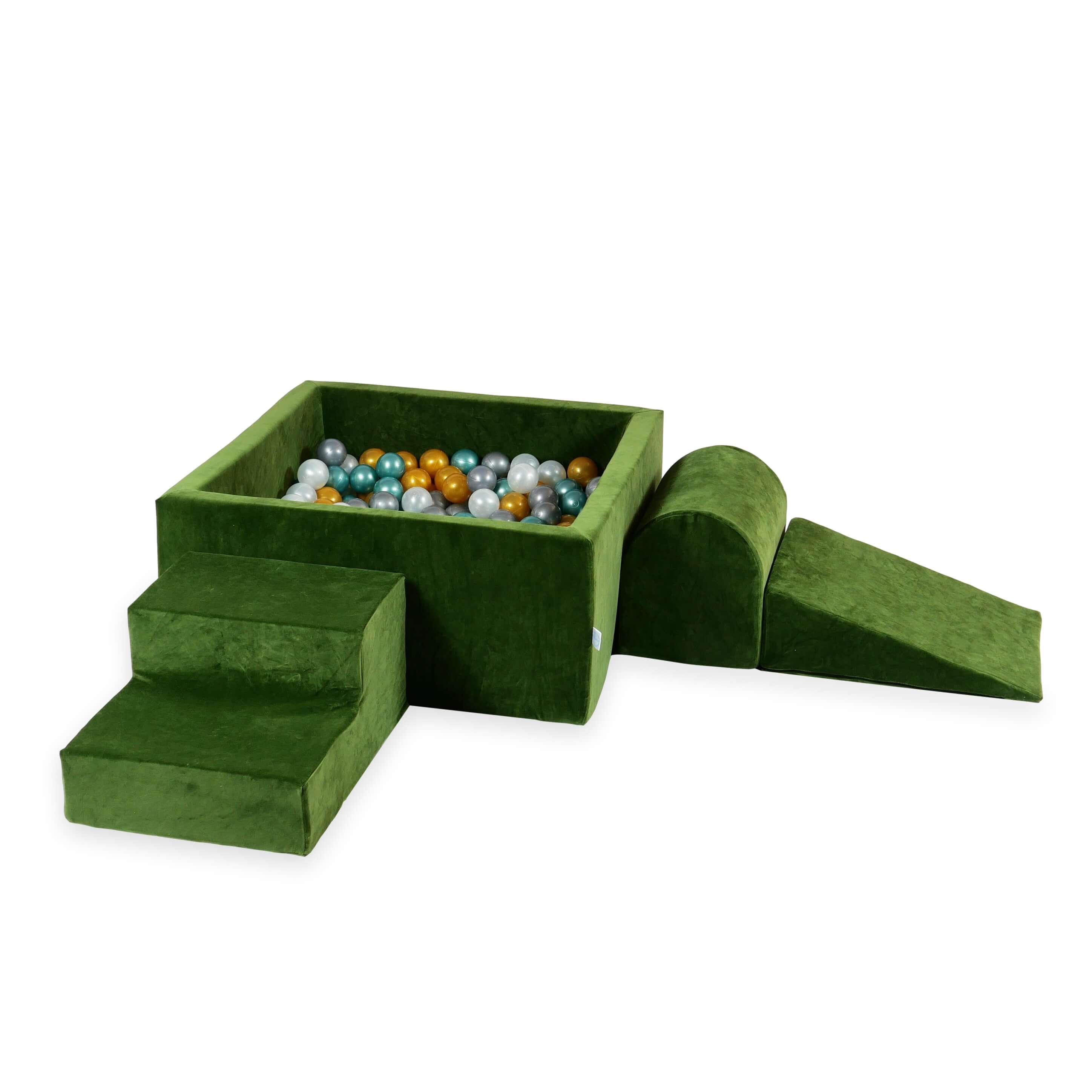 Schaumstoff-Spielbereich mit quadratischem Bällebad, Kinderspielset 90x90x40 cm, samtweich, olivgrün + 400 Bälle