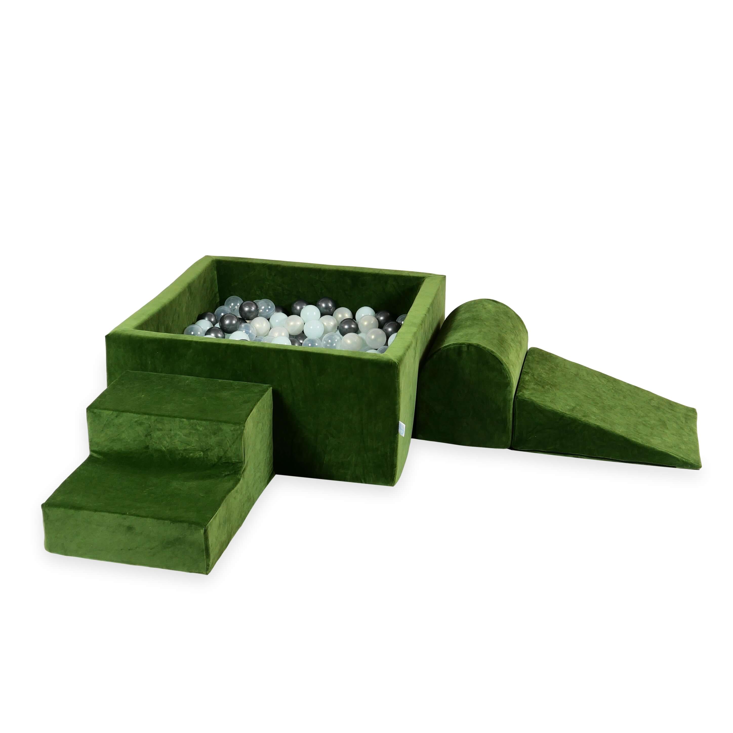Schaumstoff-Spielbereich mit quadratischem Bällebad, Kinderspielset 90x90x40 cm, samtweich, olivgrün + 400 Bälle