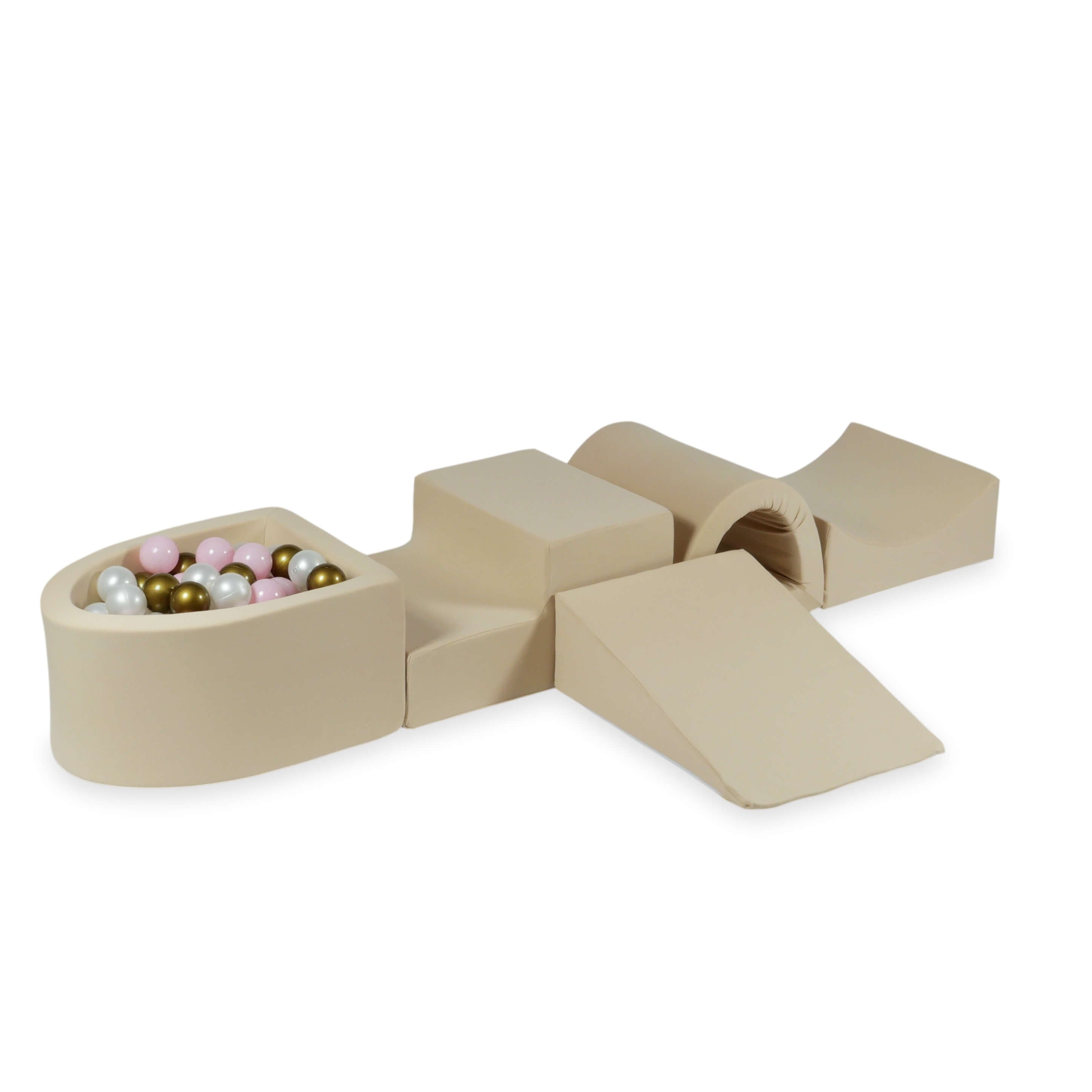 Beige Schaumstoff-Spielbereich mit Brücke und Mini-Pool
