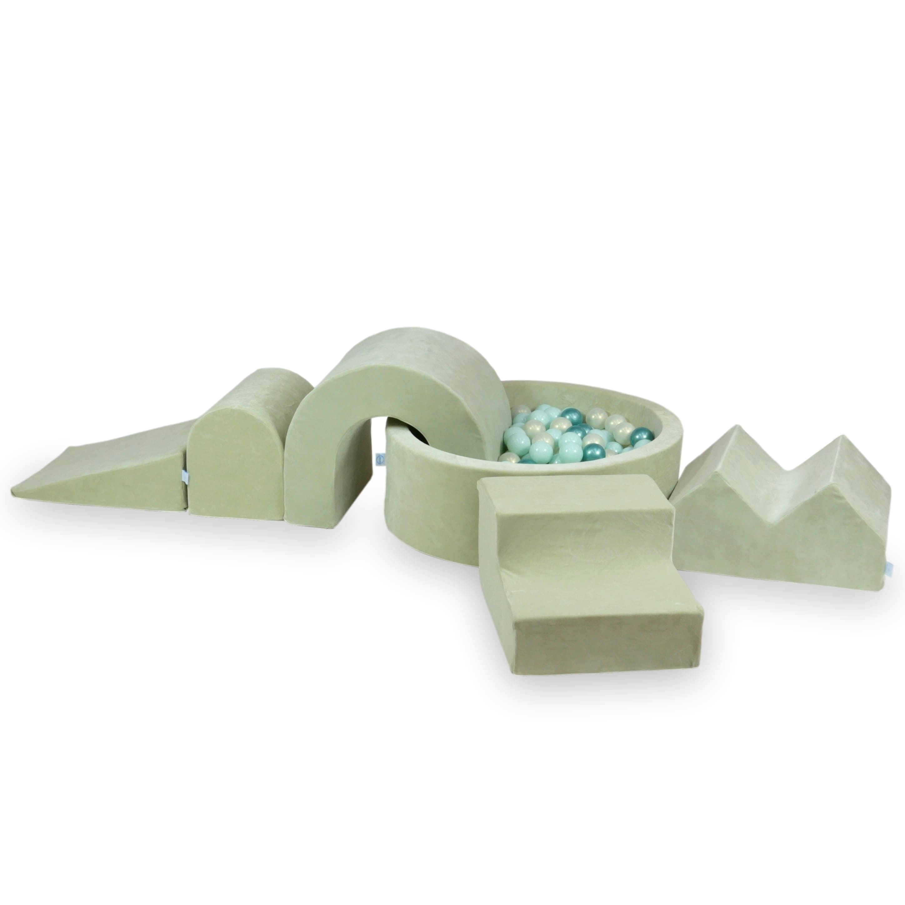Schaumstoff-Spielbereich mit rundem Pool 90x30 Velvet Soft Light Mint + 5 Elemente + 200 Bälle (perlmuttfarben, hellmintgrün, metallisch-graphit)