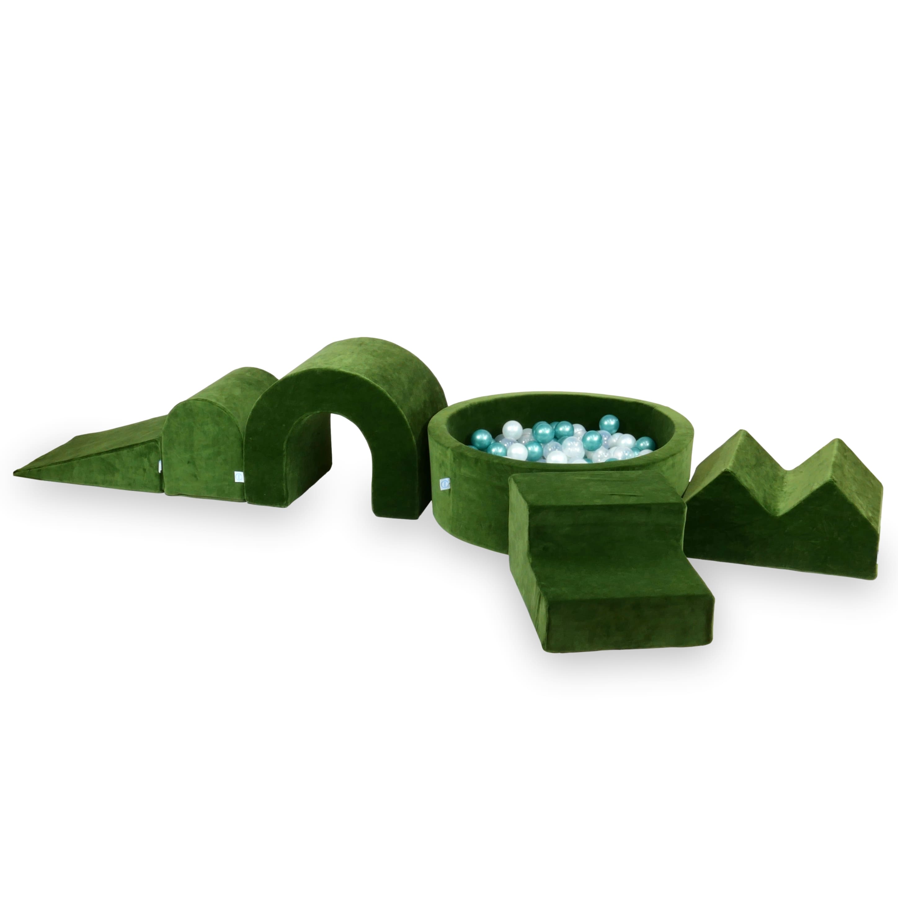 Schaumstoffspielbereich mit rundem, 90 x 30 cm großem, samtweichem, olivgrünem Pool + 5 Elementen + 200 Bällen