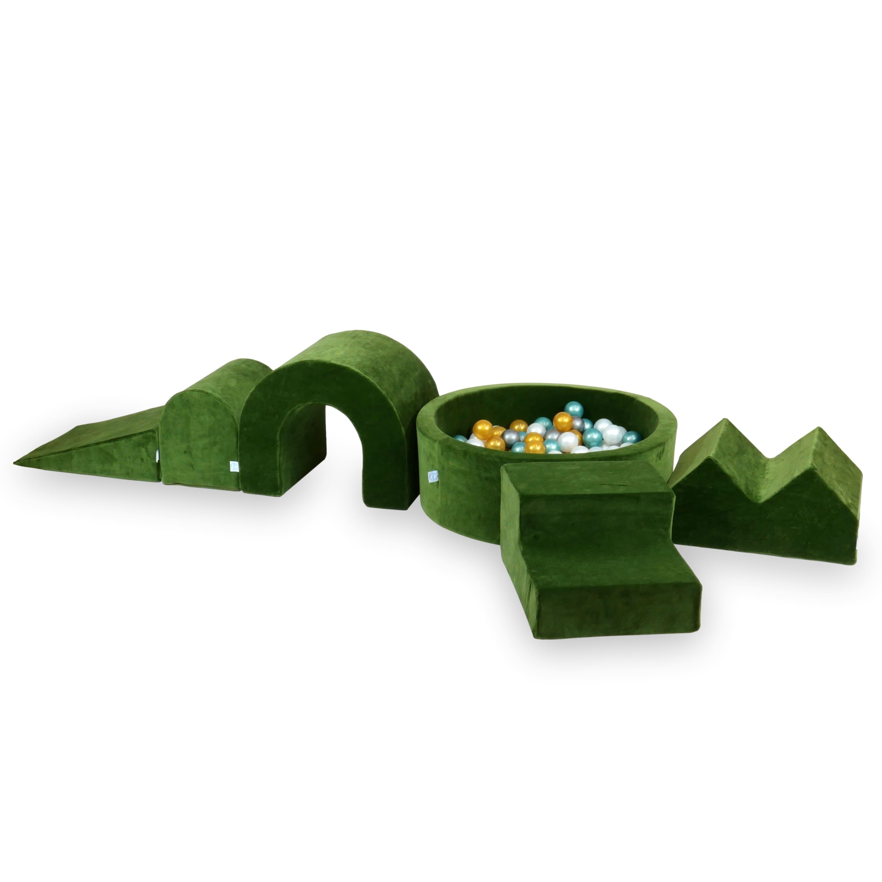 Schaumstoffspielbereich mit rundem, 90 x 30 cm großem, samtweichem, olivgrünem Pool + 5 Elementen + 200 Bällen