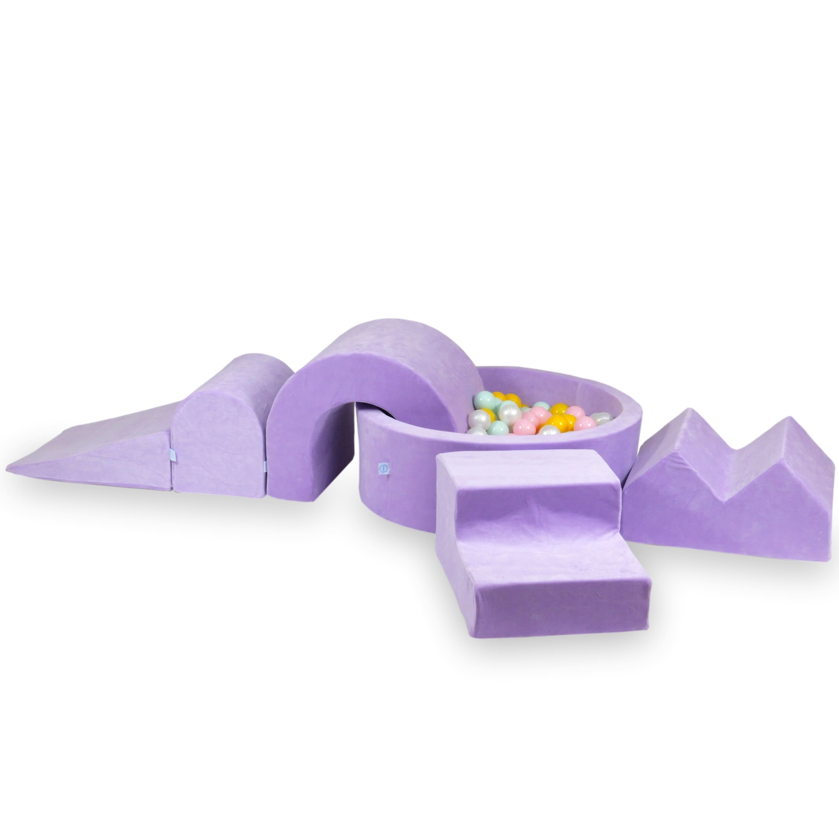 Schaumstoffspielbereich mit rundem Pool 90x30 Velvet Soft Violet + 5 Elemente + 200 Bälle (weiß, perlmuttfarben, mauve)