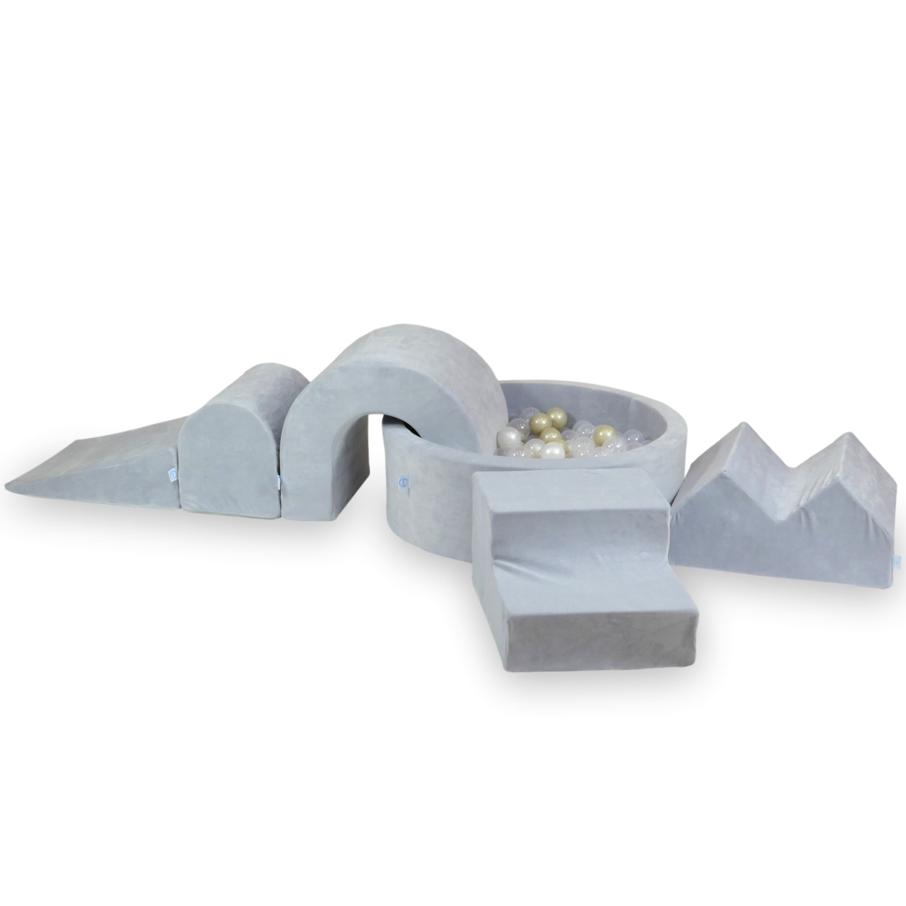 Schaumstoffspielbereich mit Hügel und Pool, hellgrauer, mikro-veloursweicher Stoff + 100 Bälle (hellblau, gelb, meliert, puderrosa, weiß)