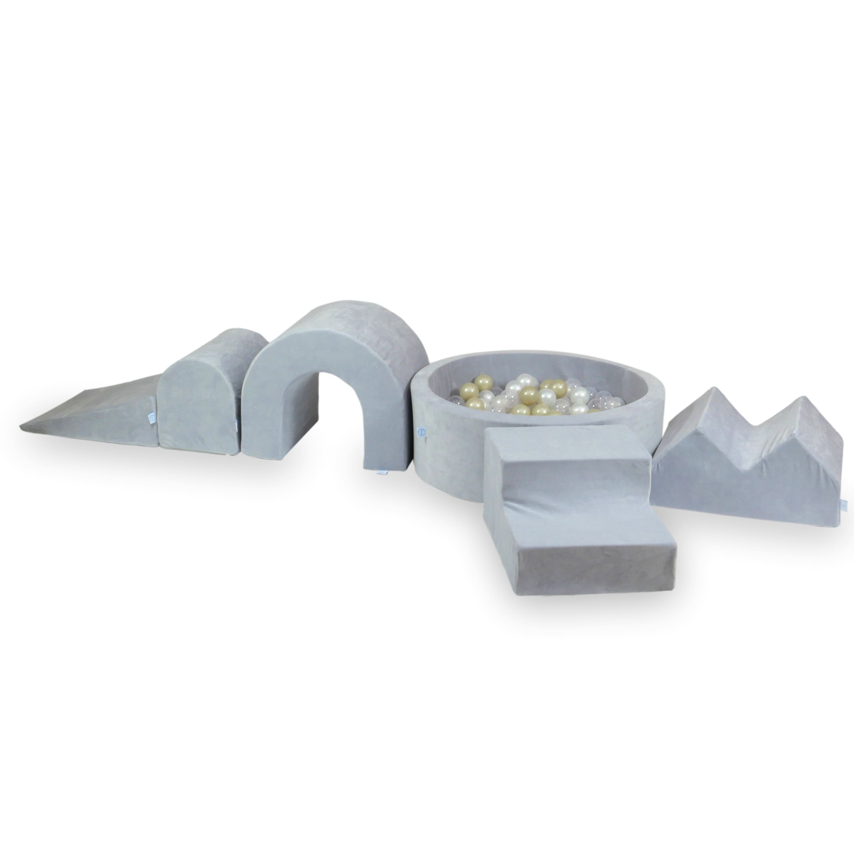 Schaumstoff-Spielbereich mit rundem Pool 90x30 Velvet Soft Hellgrau + 5 Elemente + 200 Bälle (transparent, perlmuttfarben, hellgold)
